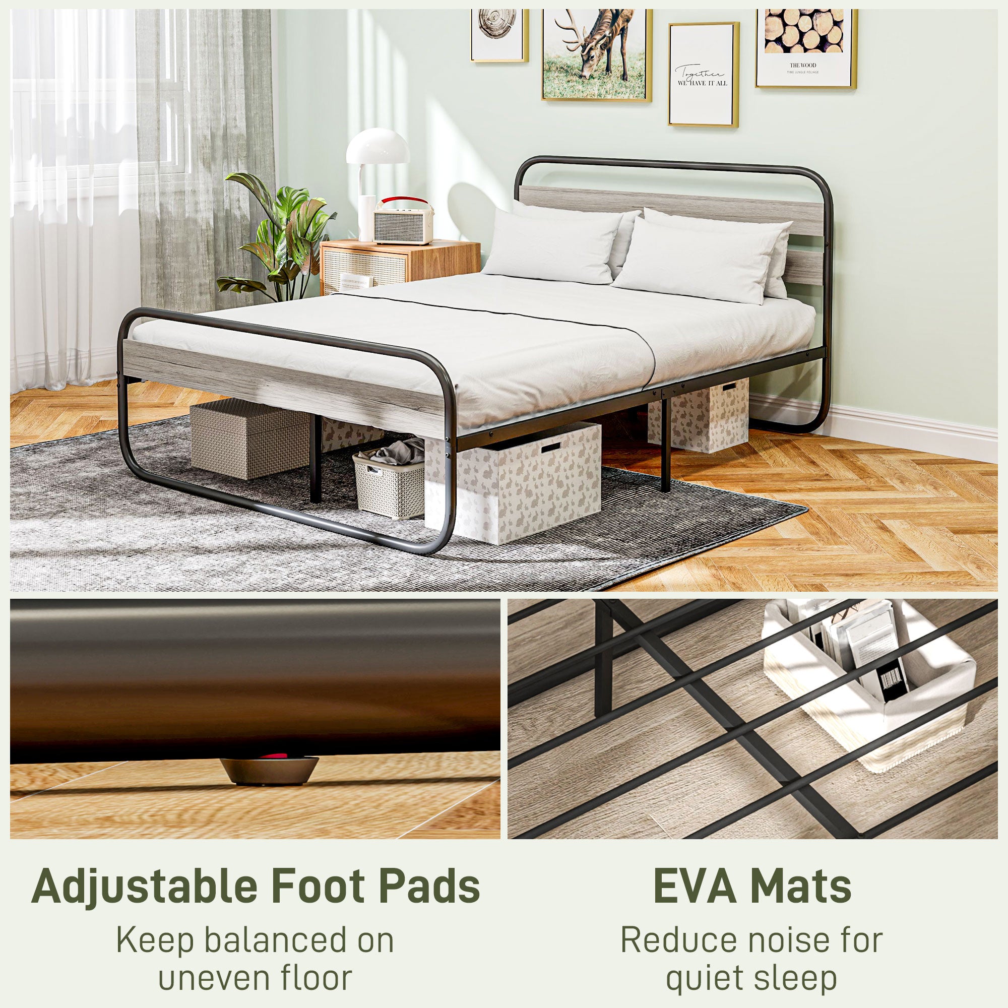HOMCOM 4ft6 Double Bed Frame, Industrial Style Metal Platform Bed Frame with Under Bed Storage, No Box Spring Needed, Easy Assembly, Grey - North Peak Garden Furniture
