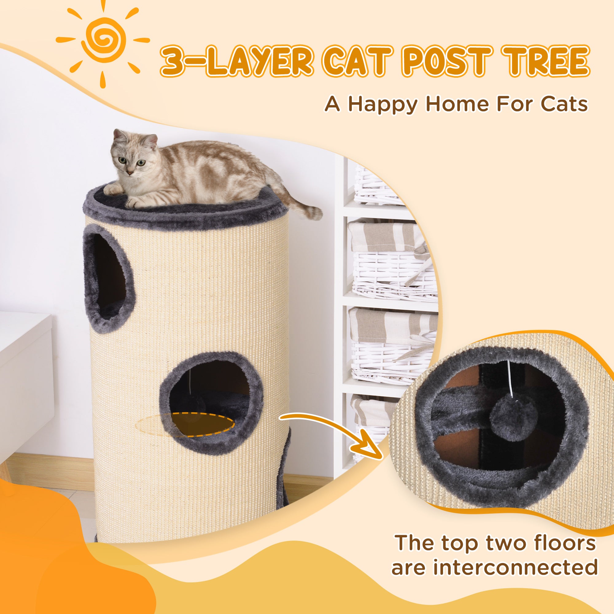 PawHut Cat Tree, Plush, Ф38x70H cm-Beige/Grey