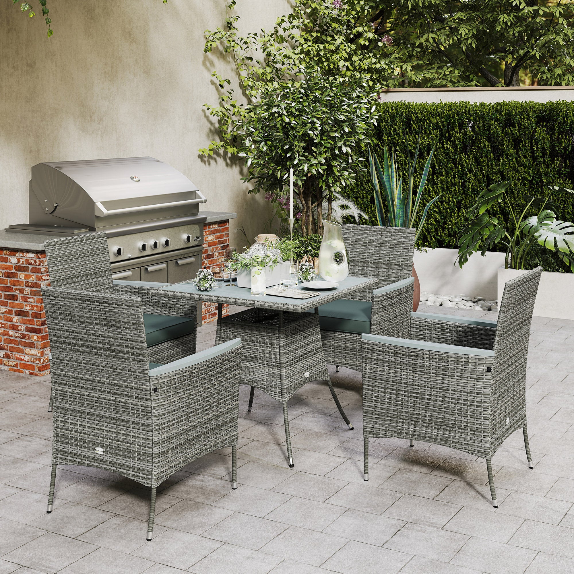 Outsunny Five-Piece Rattan Set, with Wood-Top Table - Grey - North Peak Garden Furniture