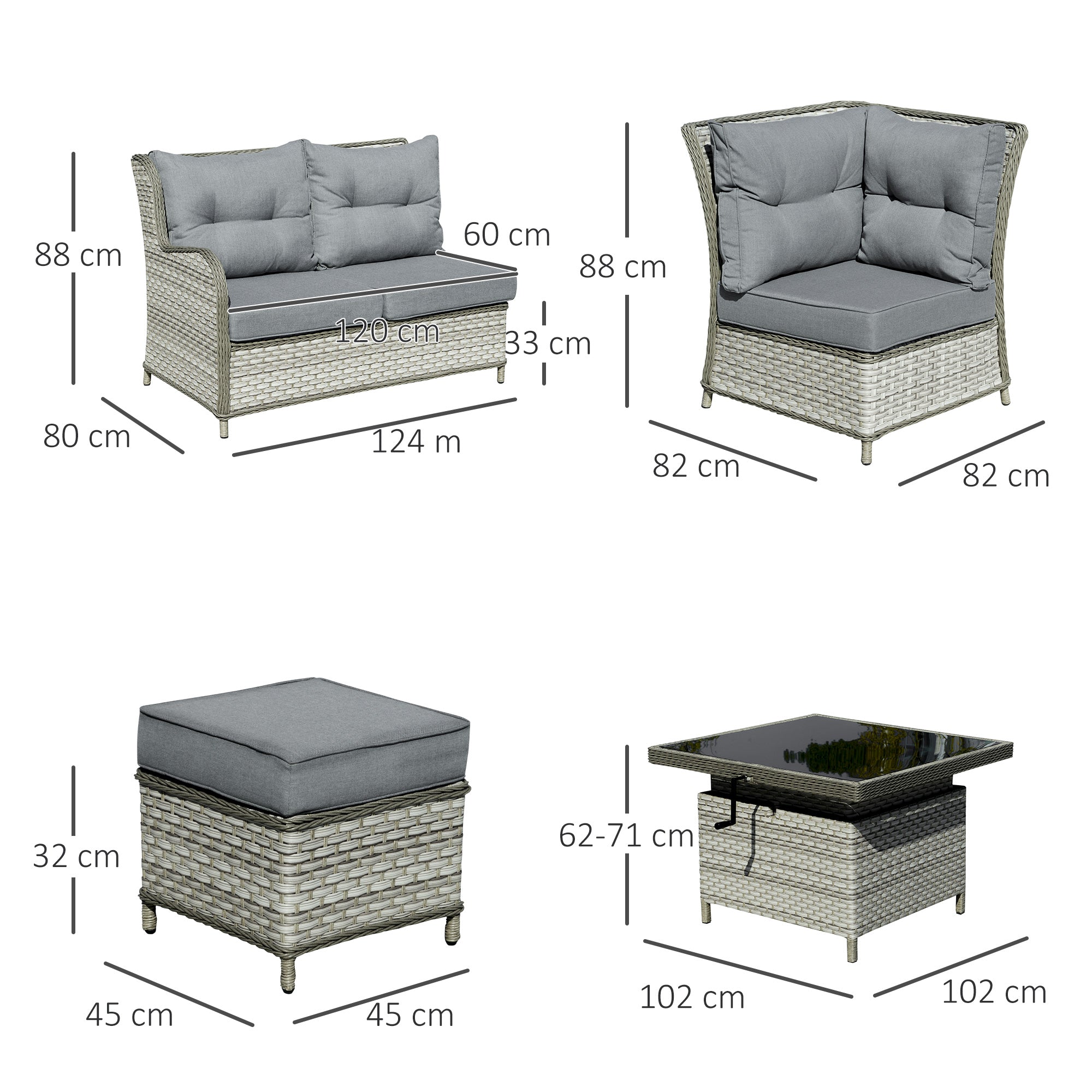 Outsunny 7-Seater Patio PE Rattan Corner Sofa w/ Adjustable Convertible Rising Table, Wicker Sectional Furniture w/ Cushions, Grey | Aosom UK