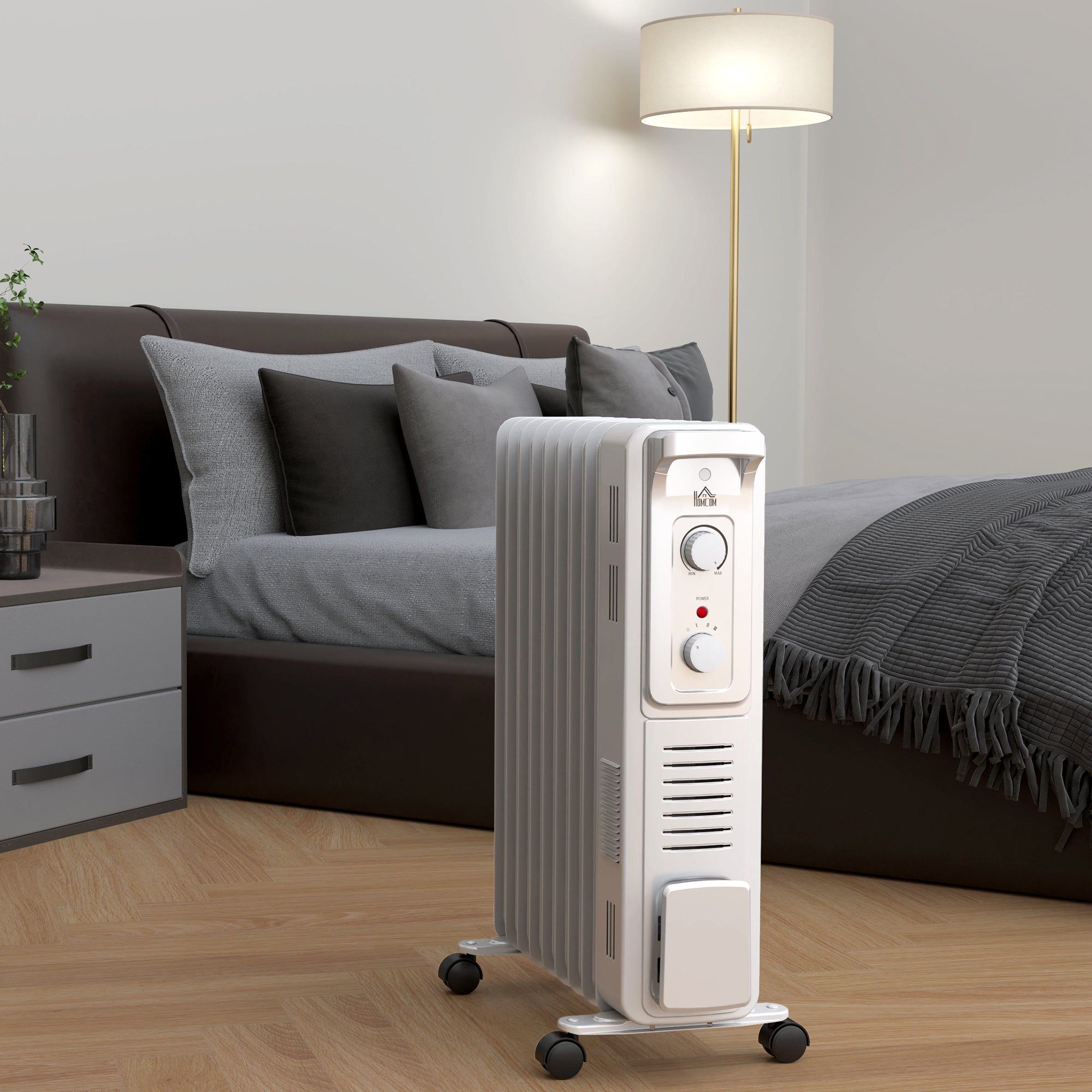 HOMCOM 2000W Quiet Oil Filled Radiator, 9 Fin Energy Efficient Portable Electric Heater with 3 Heat Settings, Adjustable Thermostat, Safety Tip Over, Overheat Protection, for Home, White - North Peak Garden Furniture