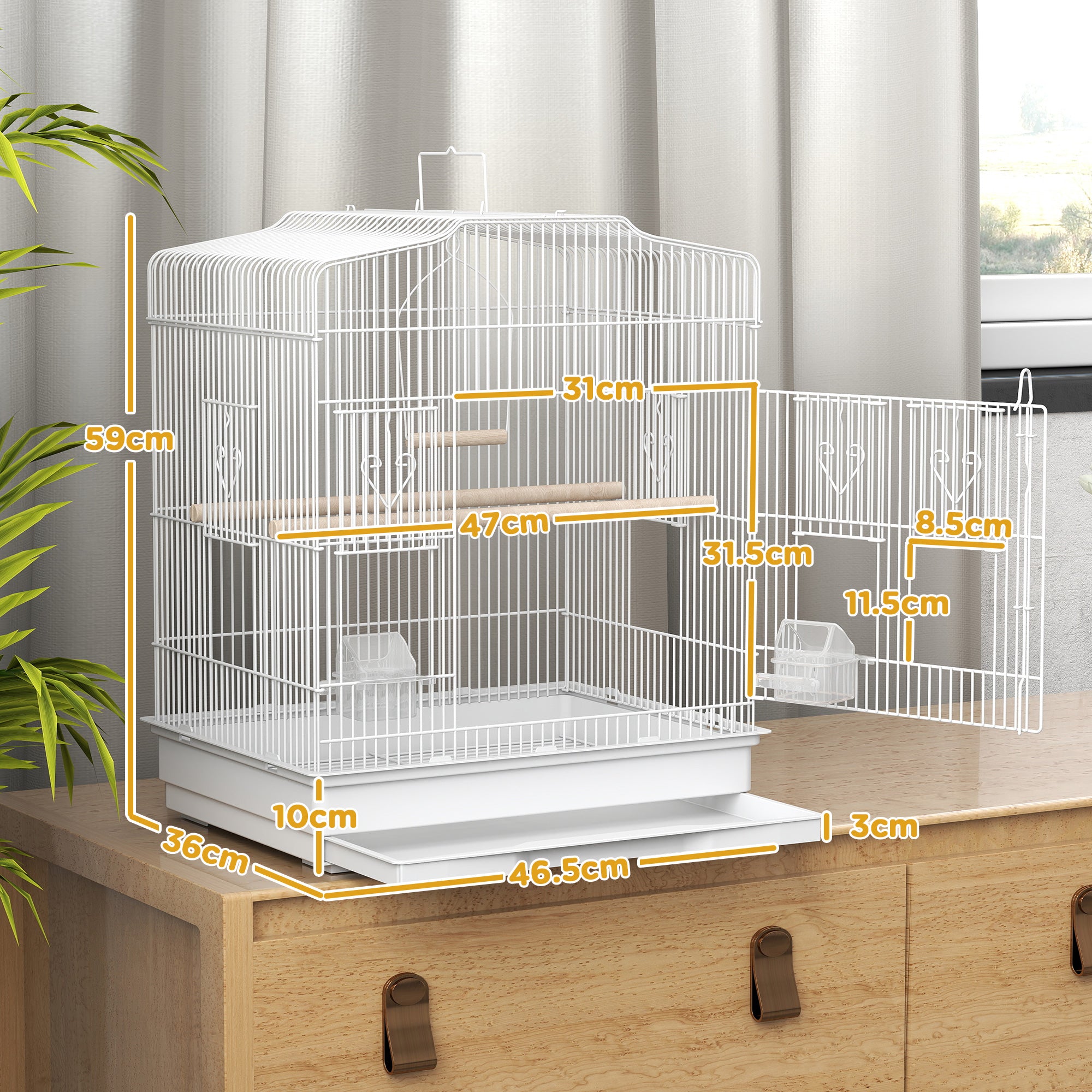PawHut Large Metal Bird Cage with Perches, Food Bowls, Swing, for Budgies, Parakeets, White - North Peak Garden Furniture