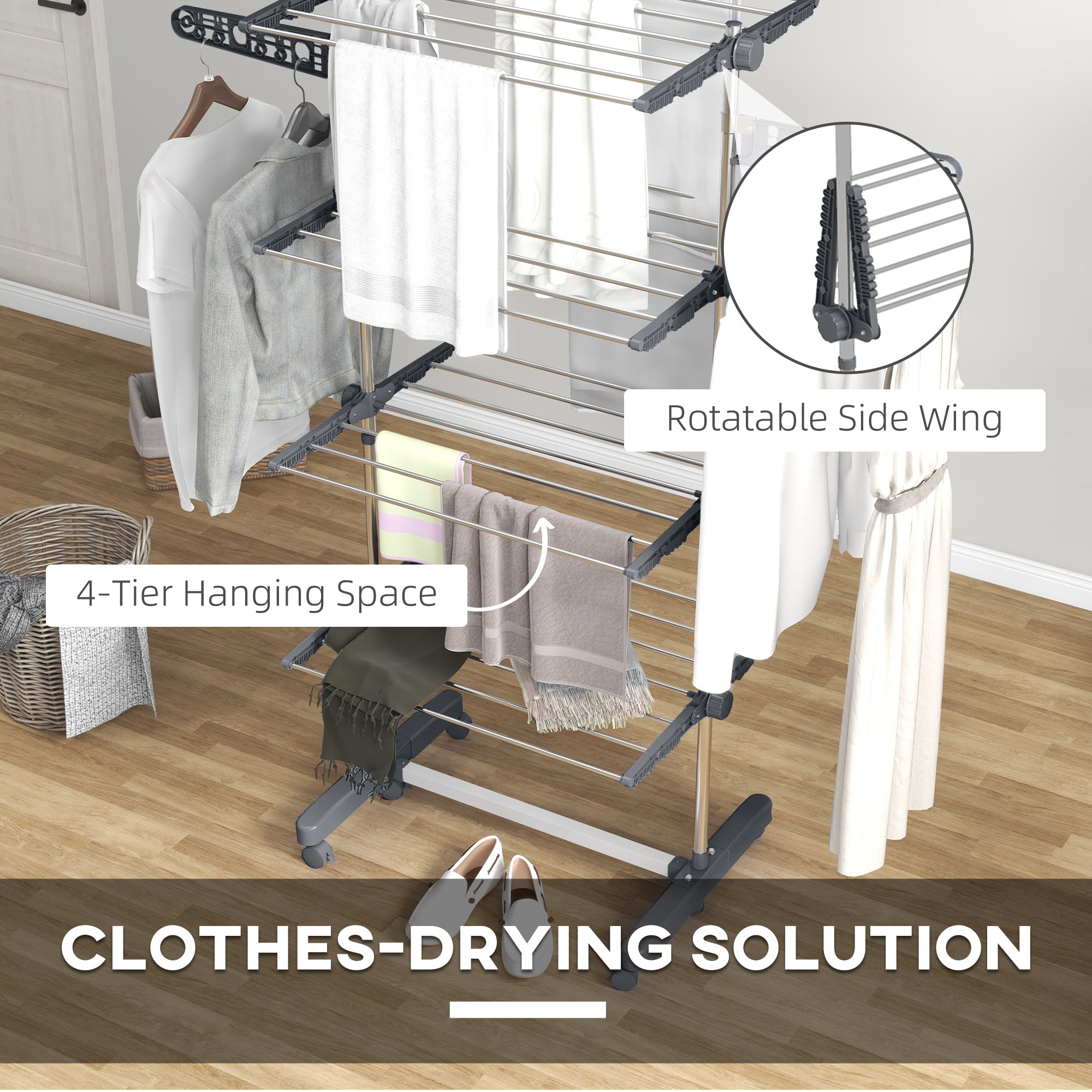 HOMCOM Four-Shelf Collapsing Clothes Horse, With Side Arms and Wheels - Grey - North Peak Garden Furniture