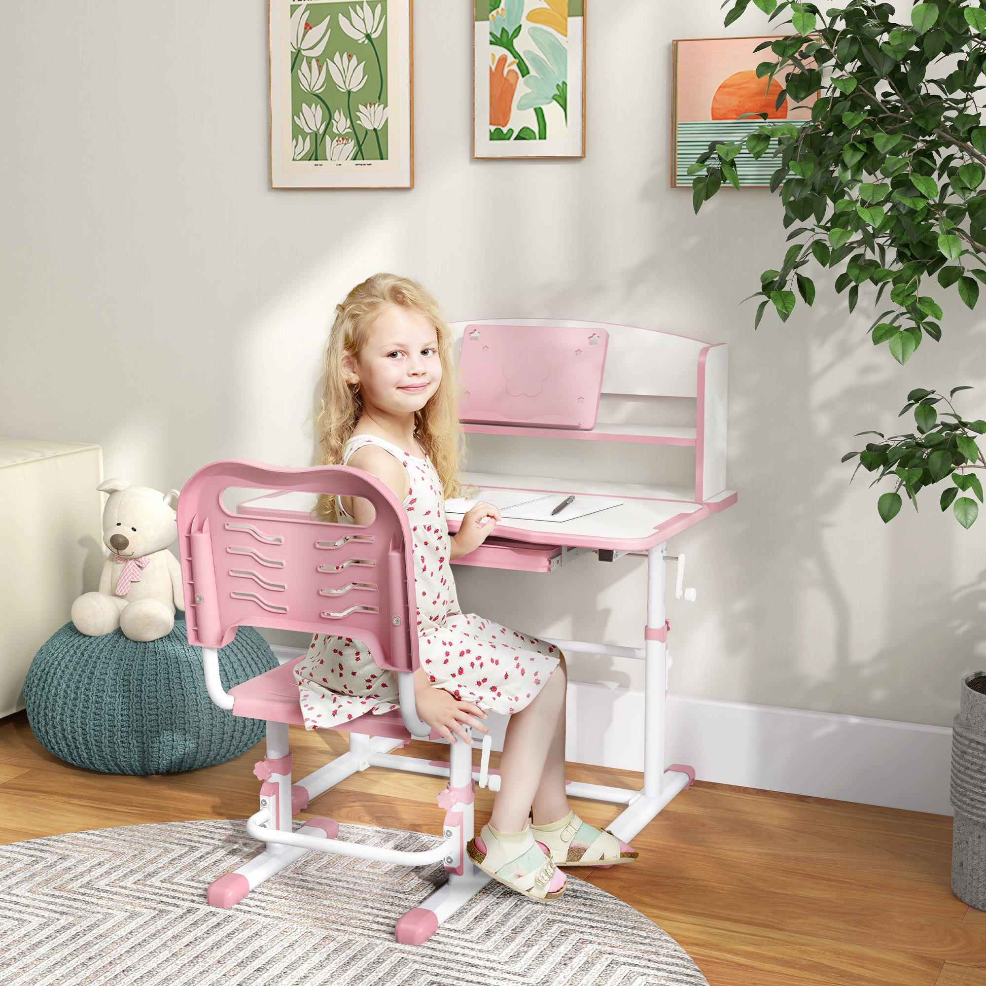 ZONEKIZ Height Adjustable Kids Study Table and Chair Set, with Drawer, Storage Shelf, 80 x 54.5 x 104 cm, Pink - North Peak Garden Furniture