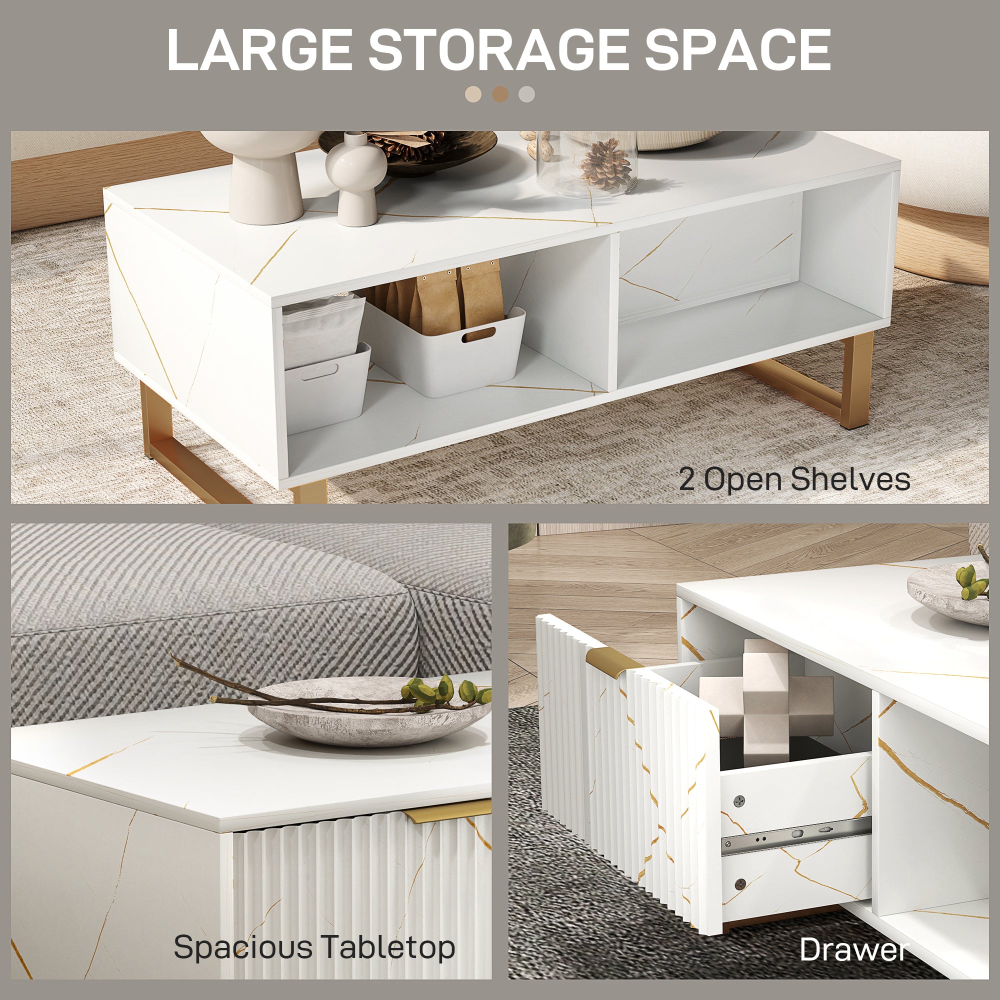 HOMCOM Elegant Marble Effect Storage Coffee Table - White - North Peak Garden Furniture