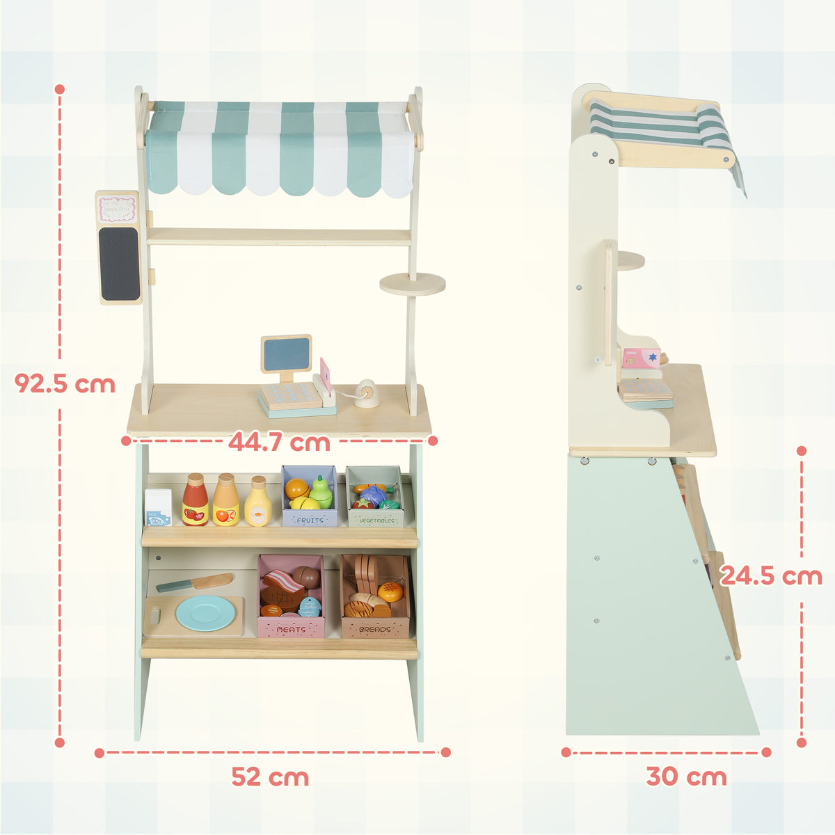 AIYAPLAY Wooden Toy Shop, Wooden Market Stall with Cash Register, Blackboard and Toy Food, 4 Storage Boxes, Ages 3+, Green