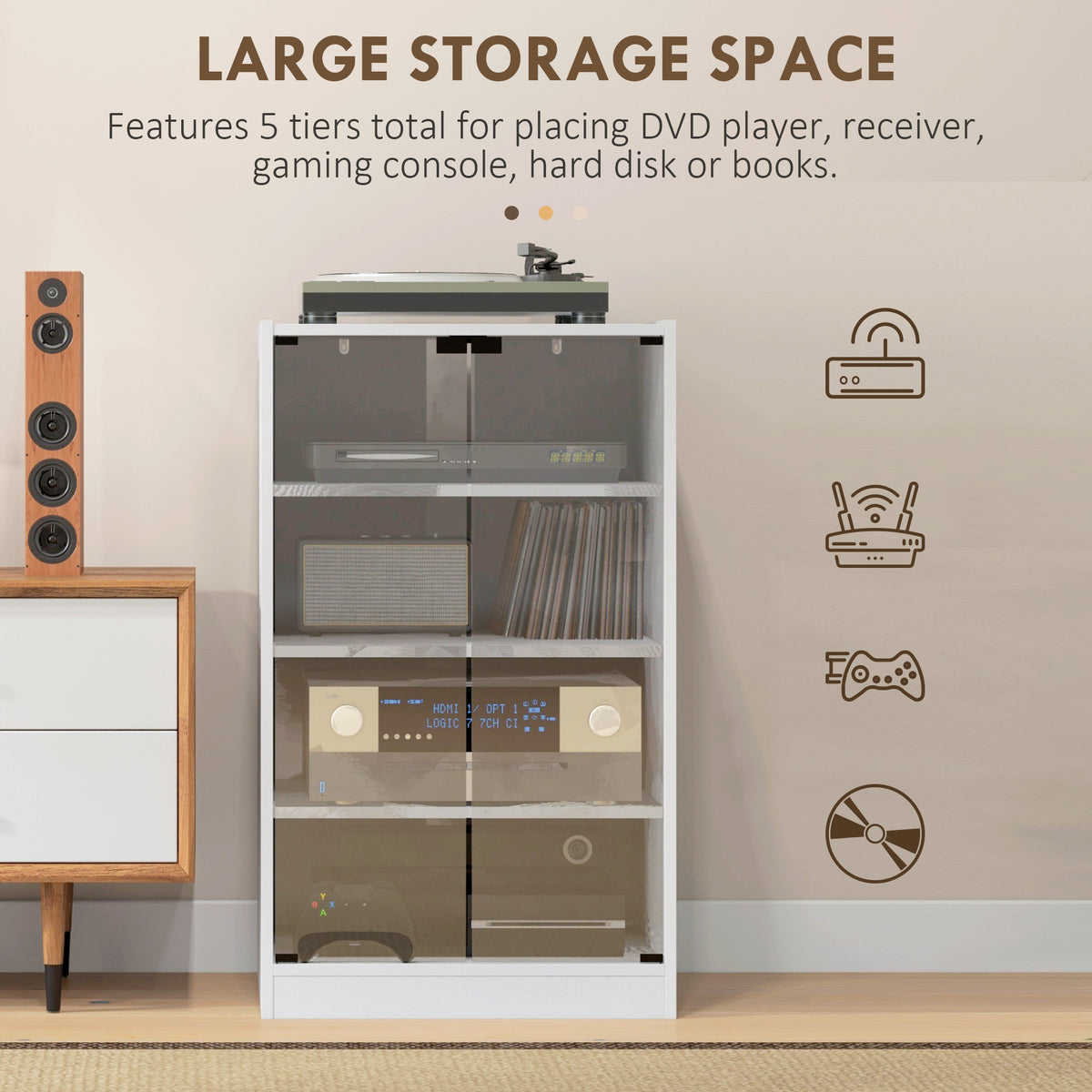 HOMCOM 4-Tier Hi-Fi Stand,  Record Player Stand with Adjustable Shelves and Push-to-Open Glass Doors, White Wood-Effect