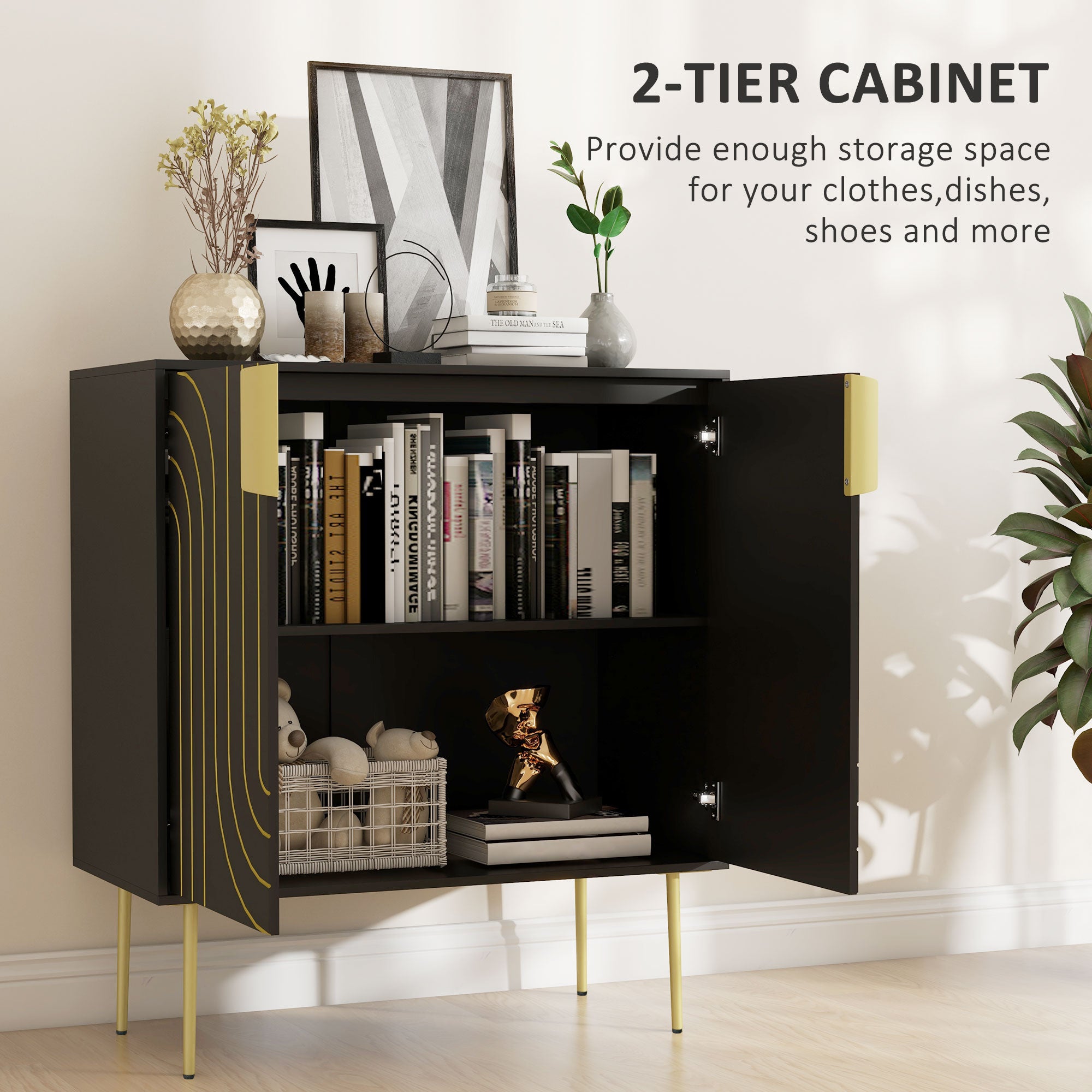 HOMCOM Art Deco Inspired Sideboard, with Adjustable Shelf - Black/Gold Tone - North Peak Garden Furniture