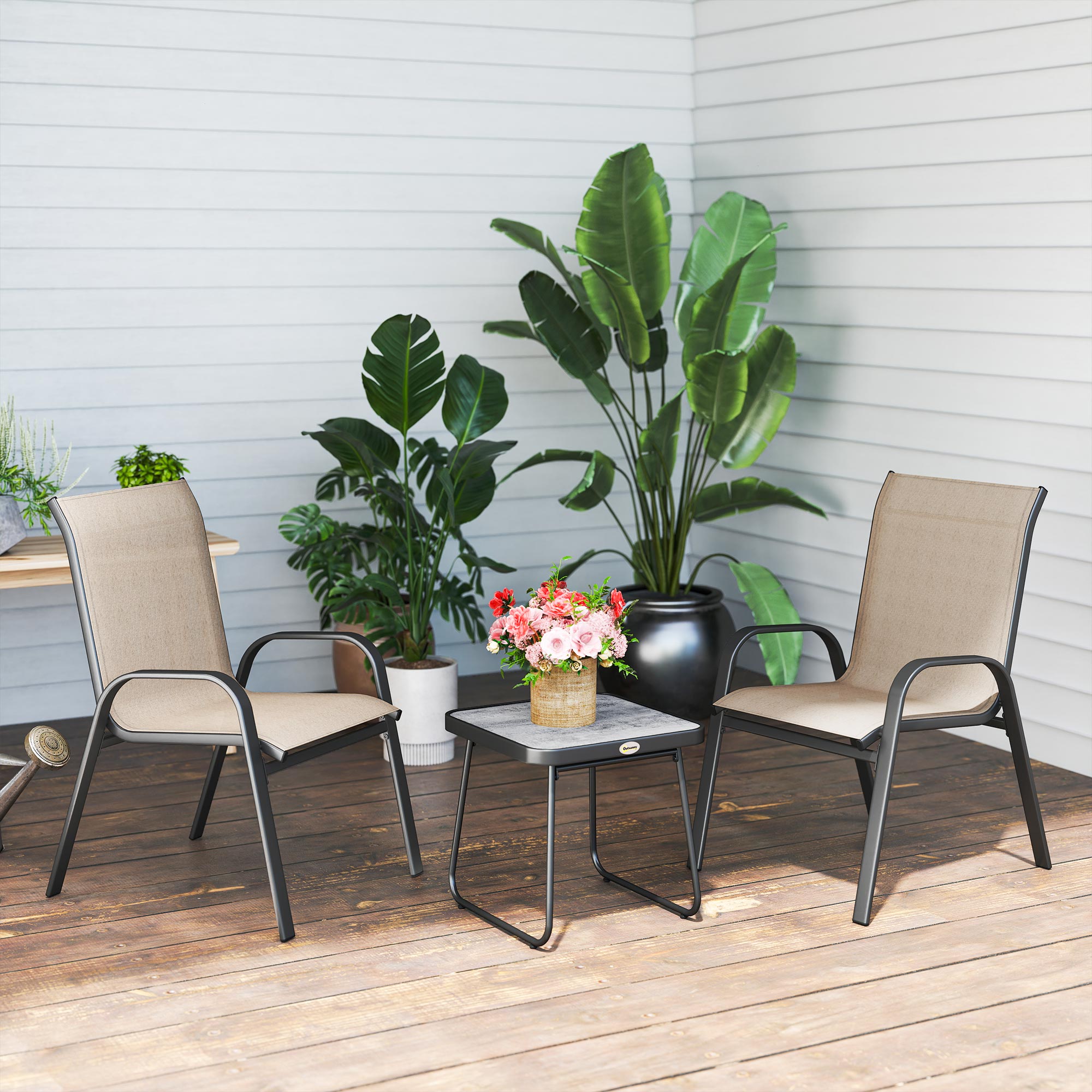 Outsunny 3 Pieces Outdoor Bistro Set, Patio Stackable Armchairs with Breathable Mesh Fabric and SPC Board Coffee Table, Brown - North Peak Garden Furniture
