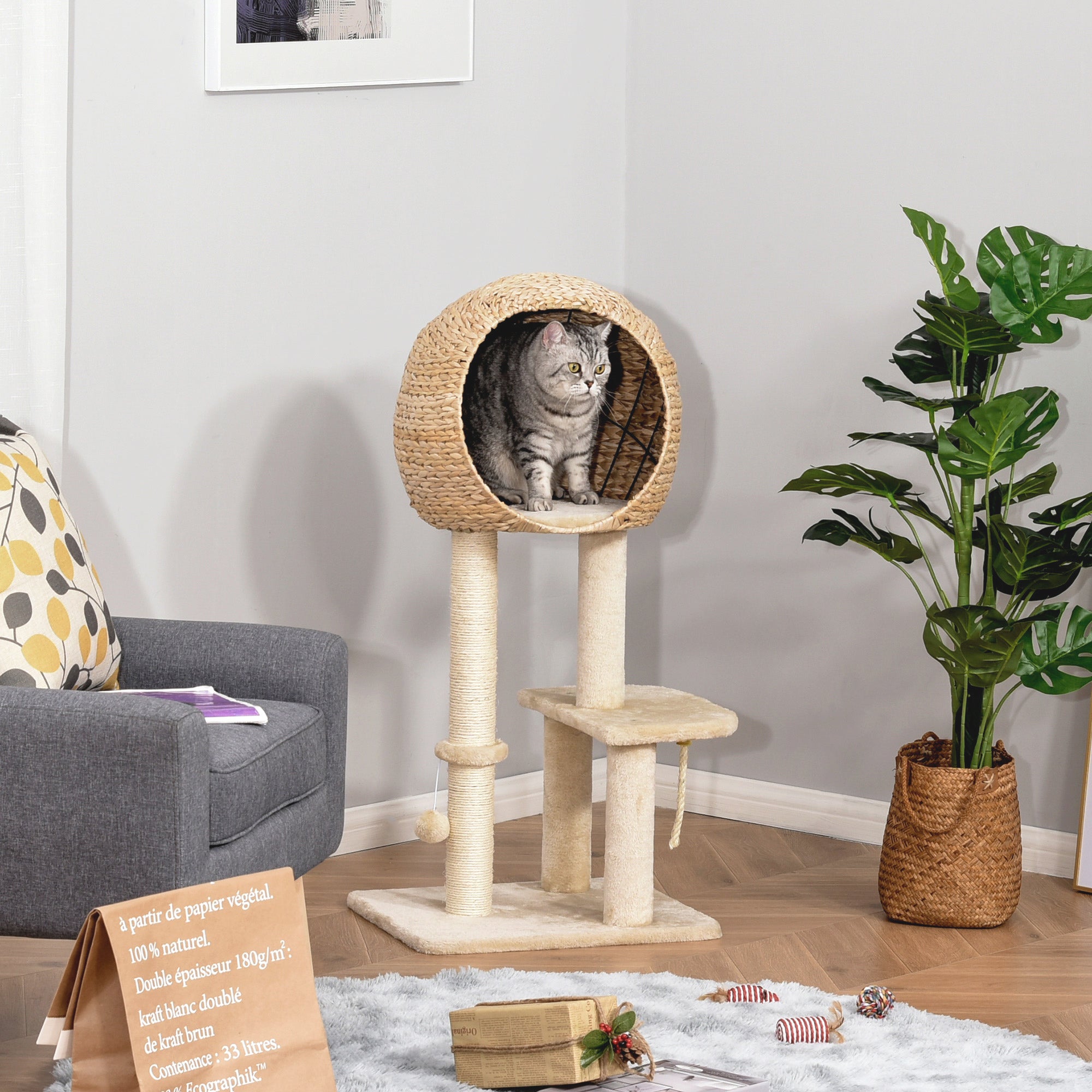 PawHut Cat Tree for Indoor Cats 100cm Kitten Climbing Tower Activity Center with Sisal Scratching Post Condo Perch Hanging Balls Teasing Rope Toy Cushion