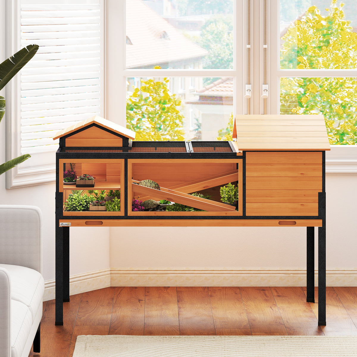 PawHut Wooden Tortoise House with Stand Legs, Clear Observation Windows, Ramps, Openable Top, Built-in Tray, Yellow