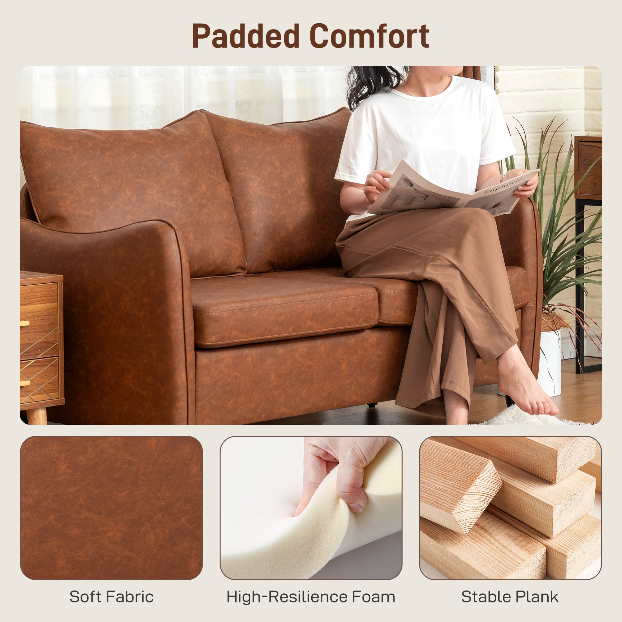 HOMCOM Faux Leather Marble-Effect Two-Seater Sofa - Brown