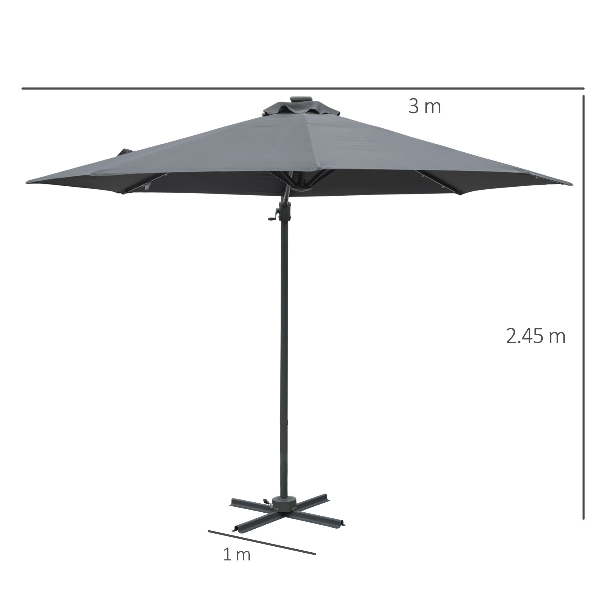 Outsunny 3(m) Cantilever Roma Parasol Patio Sun Umbrella with Crank & Tilt LED Solar Light Cross Base 360° Rotating Outdoor, Dark Grey