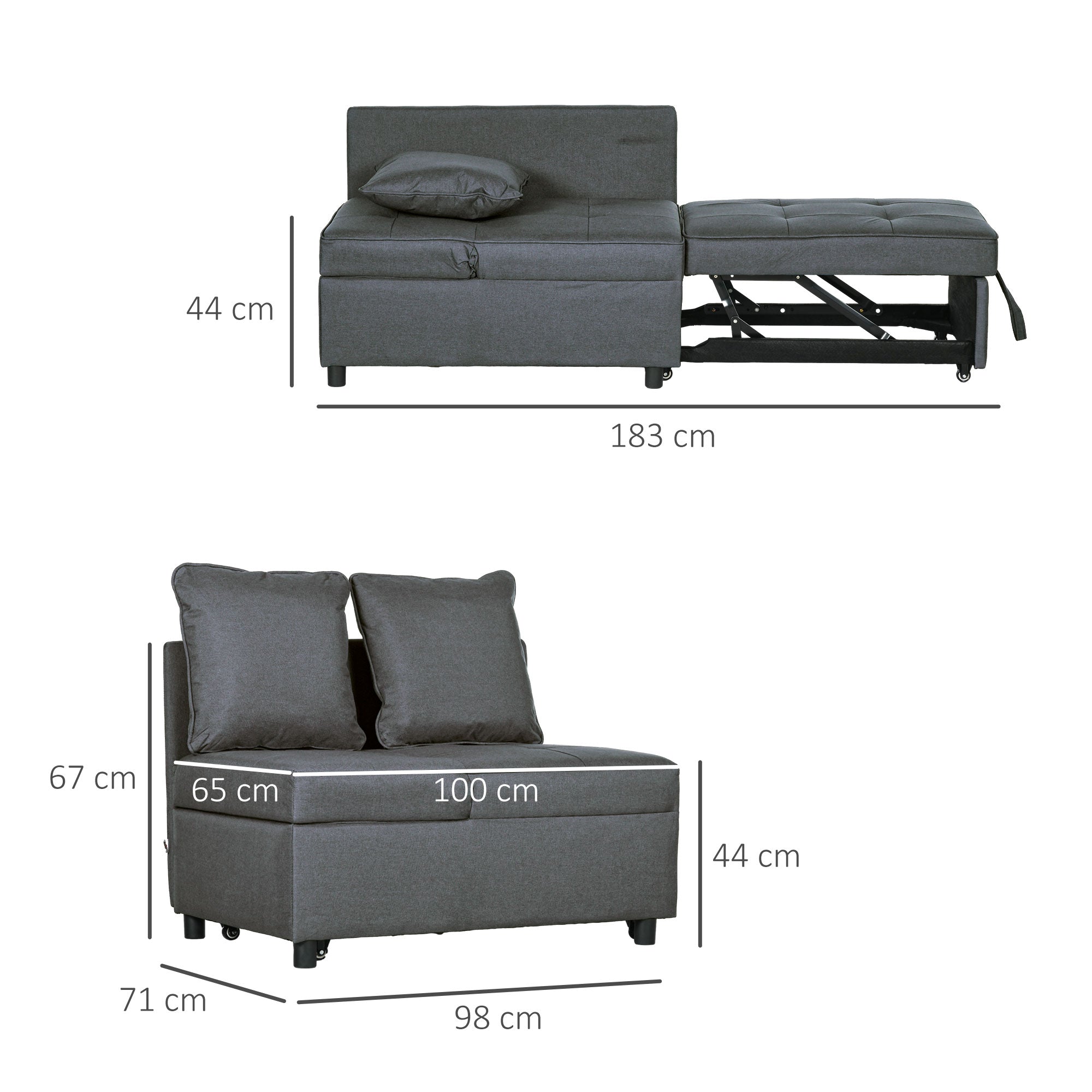 HOMCOM Convertible Single Sofa Bed with Thick Padded Seat, 3-in-1 Multi-Functional Sleeper Chair Bed with Magazine Pocket, for Living Room, Grey - North Peak Garden Furniture