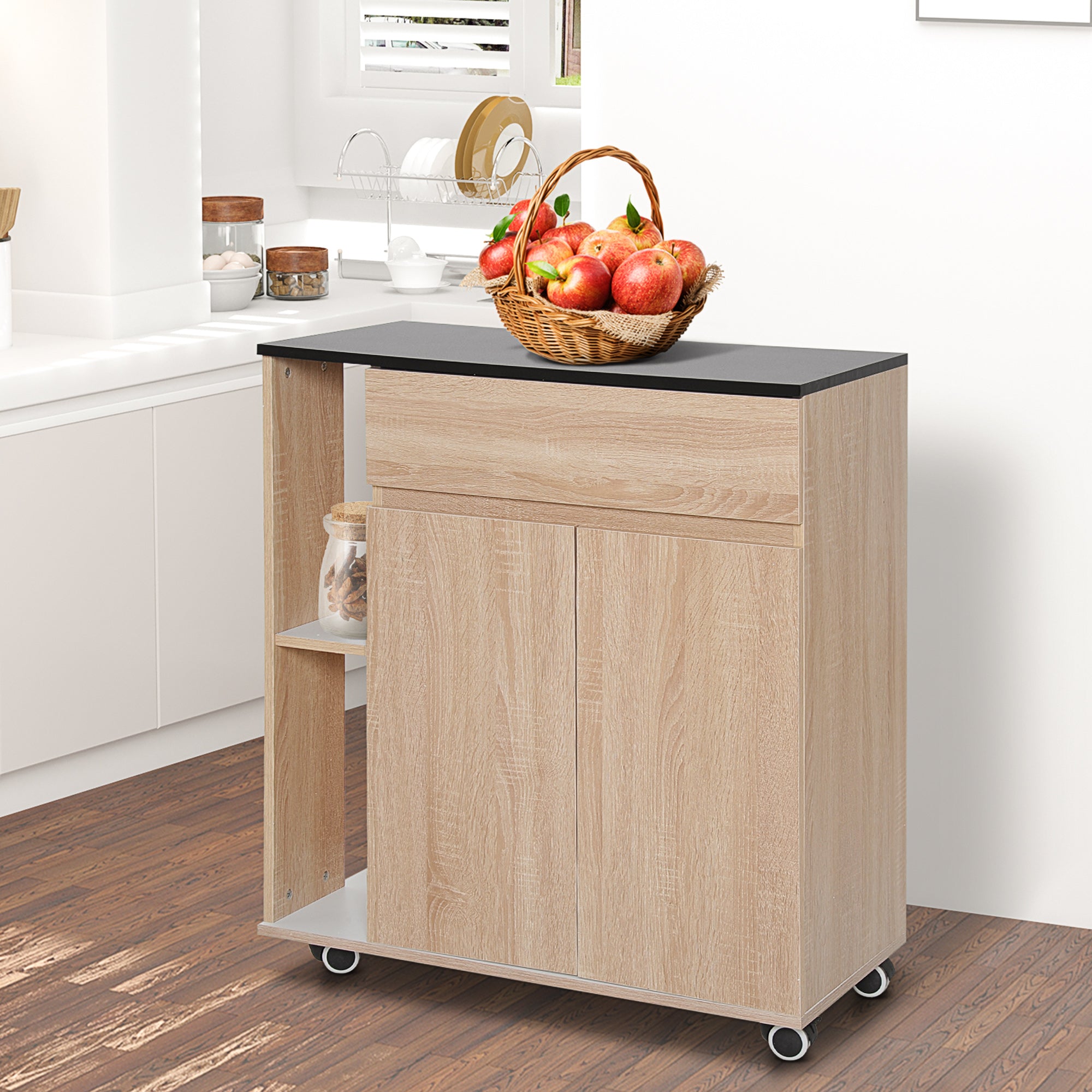HOMCOM Kitchen Storage Trolley Cart Cupboard Rolling Island Shelves Cabinet With Door and Drawer Locking Wheels - North Peak Garden Furniture