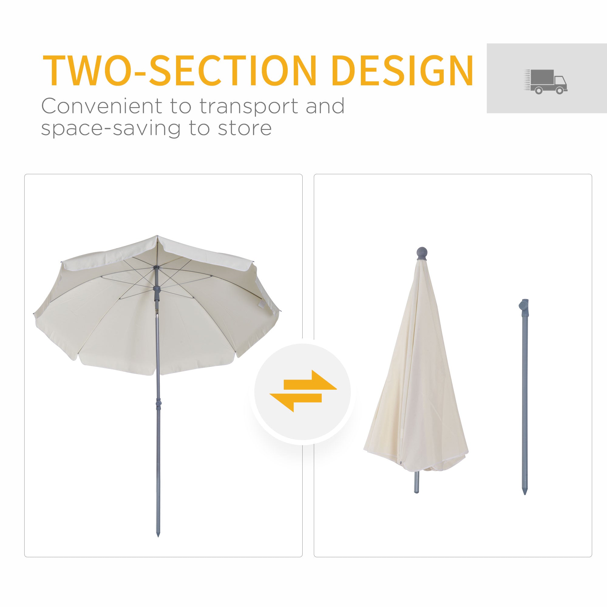 Outsunny 2.2m Beach Umbrella, Portable Parasol with Tilting Function, Outdoor Sunshade Shelter with 8 Ribs, Cream White - North Peak Garden Furniture