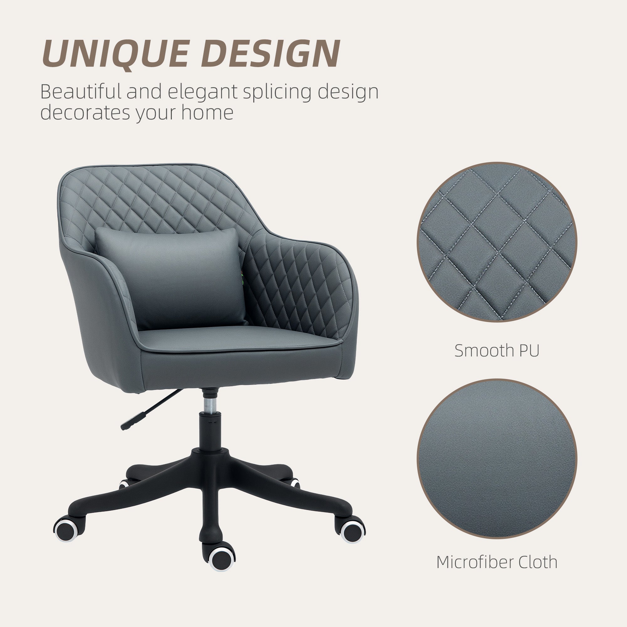 Vinsetto Microfiber Office Chair, Desk Chair, Makeup Vanity Chair with Massage Lumbar Pillow and Rolling Wheels for Bedroom and Home, Grey - North Peak Garden Furniture