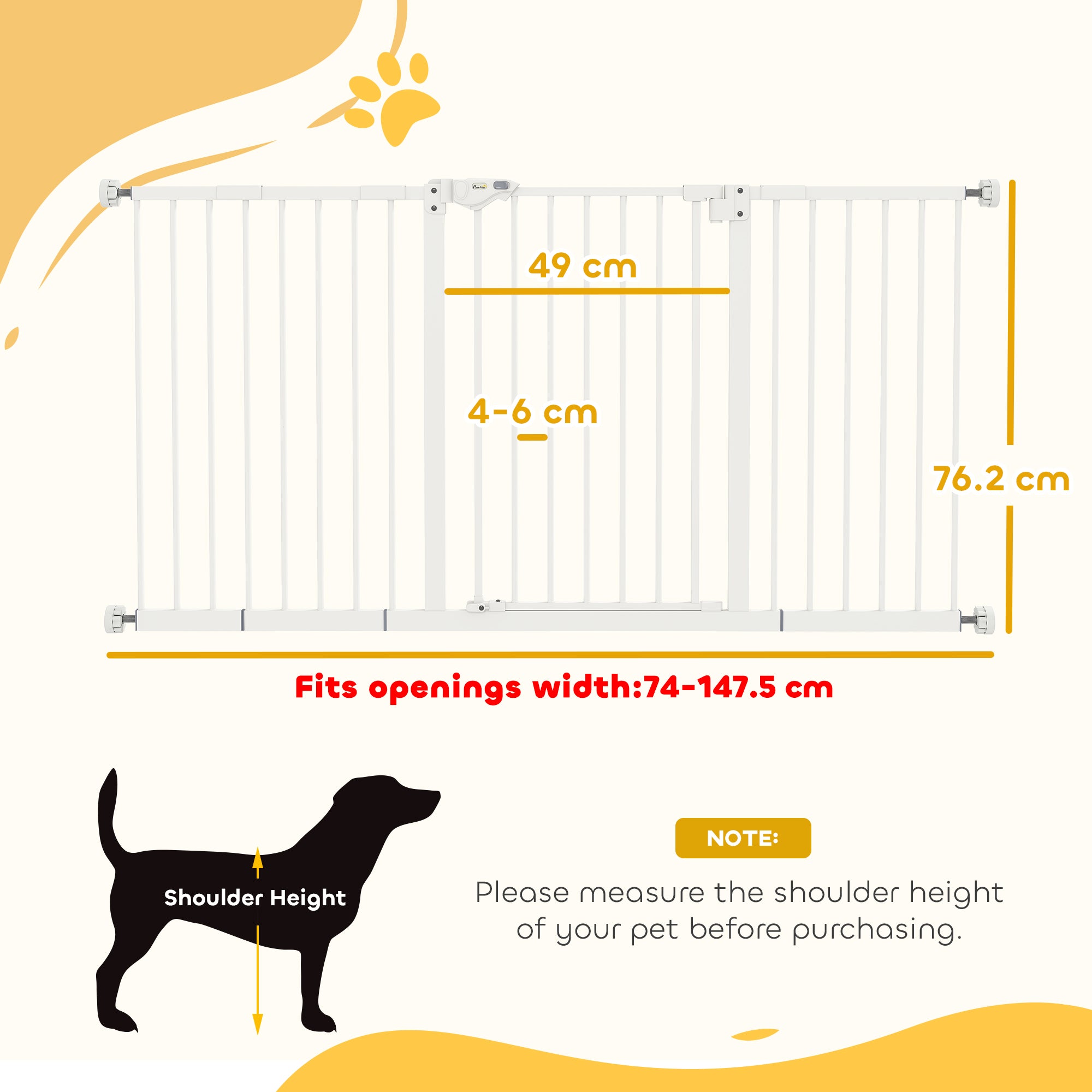 PawHut Dog Gate Stair Gate Pressure Fit Pets Barrier Auto Close for Doorway Hallway, 74-148cm Wide Adjustable, White - North Peak Garden Furniture