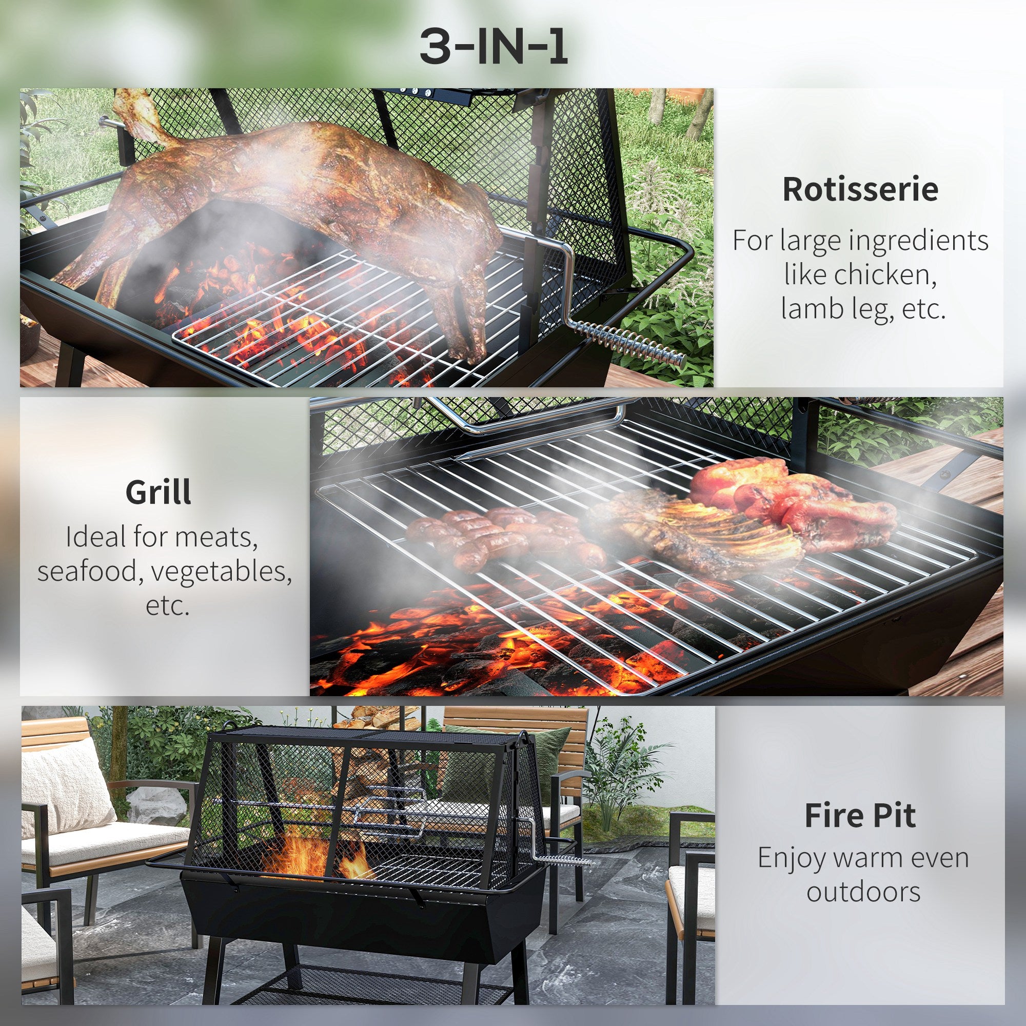 Outsunny 3-in-1 Barbecue Grill, Rotisserie Roaster and Fire Pit, with Cover - North Peak Garden Furniture