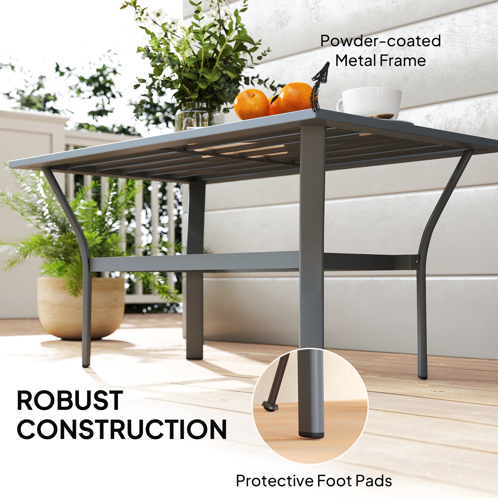 Outsunny Metal Garden Coffee Table, Rectangular Outdoor Side Table with Slatted Tabletop, Foot Pads for Outside, Garden, Balcony, Porch, 91.5 x 55 x 45cm, Dark Grey