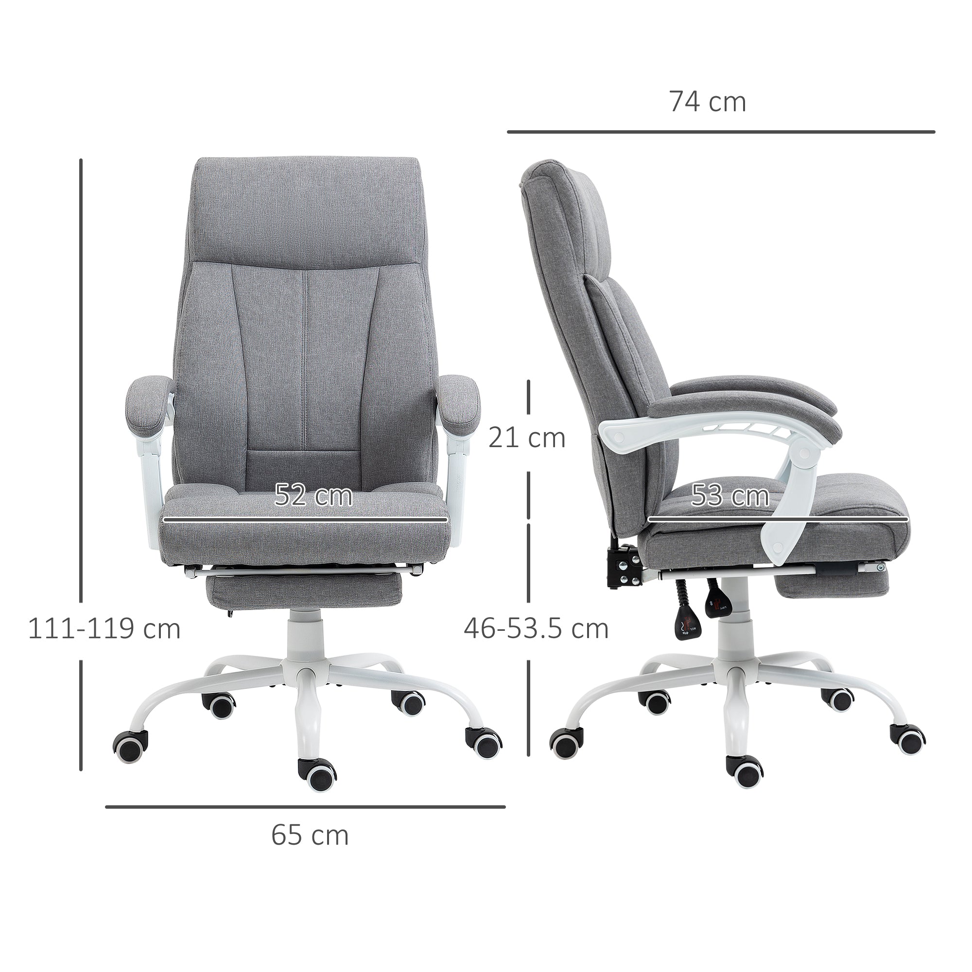 Vinsetto Office Chair, Ergonomic Desk Chair, Fabric Work Study Chair with 155° Reclining Back and Footrest, Adjustable Height and Swivel Wheels, Grey - North Peak Garden Furniture