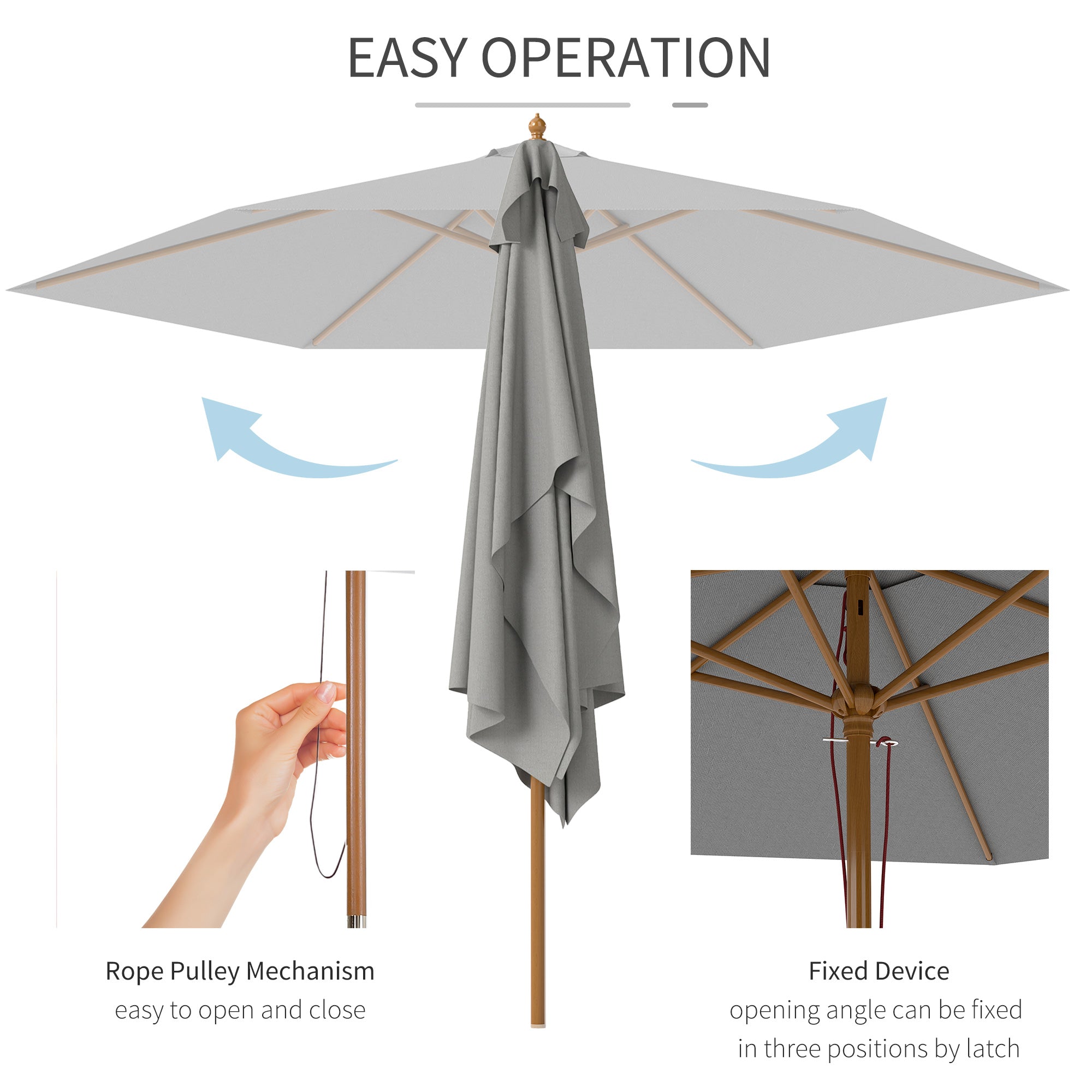 Outsunny 2.5m Wood Garden Parasol Sun Shade Patio Outdoor Wooden Umbrella Canopy Light Grey - North Peak Garden Furniture