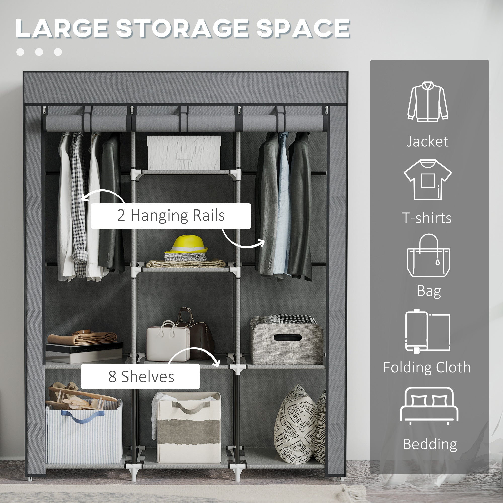 HOMCOM Fabric Wardrobe, Portable Wardrobe, Clothes Storage Unit with 8 Shelves, 2 Hanging Rods, 125 x 43 x 162.5 cm, Dark Grey