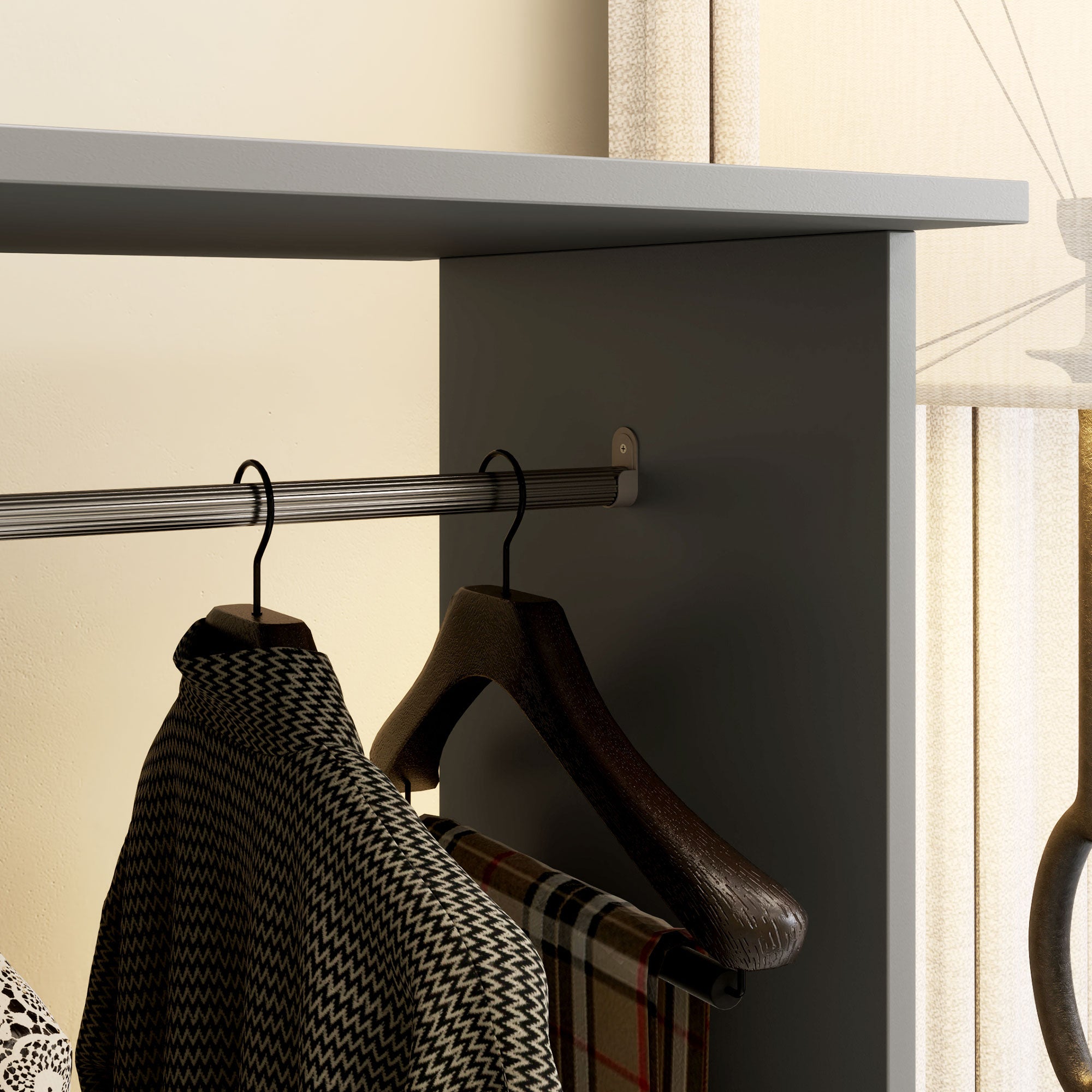 HOMCOM Double Open Wardrobe on Wheels, Bedroom Wardrobe with Clothes Hanging Rails, 3 Storage Shelves, Mobile Garment Rack for Cloakroom, Hallway, Grey - North Peak Garden Furniture