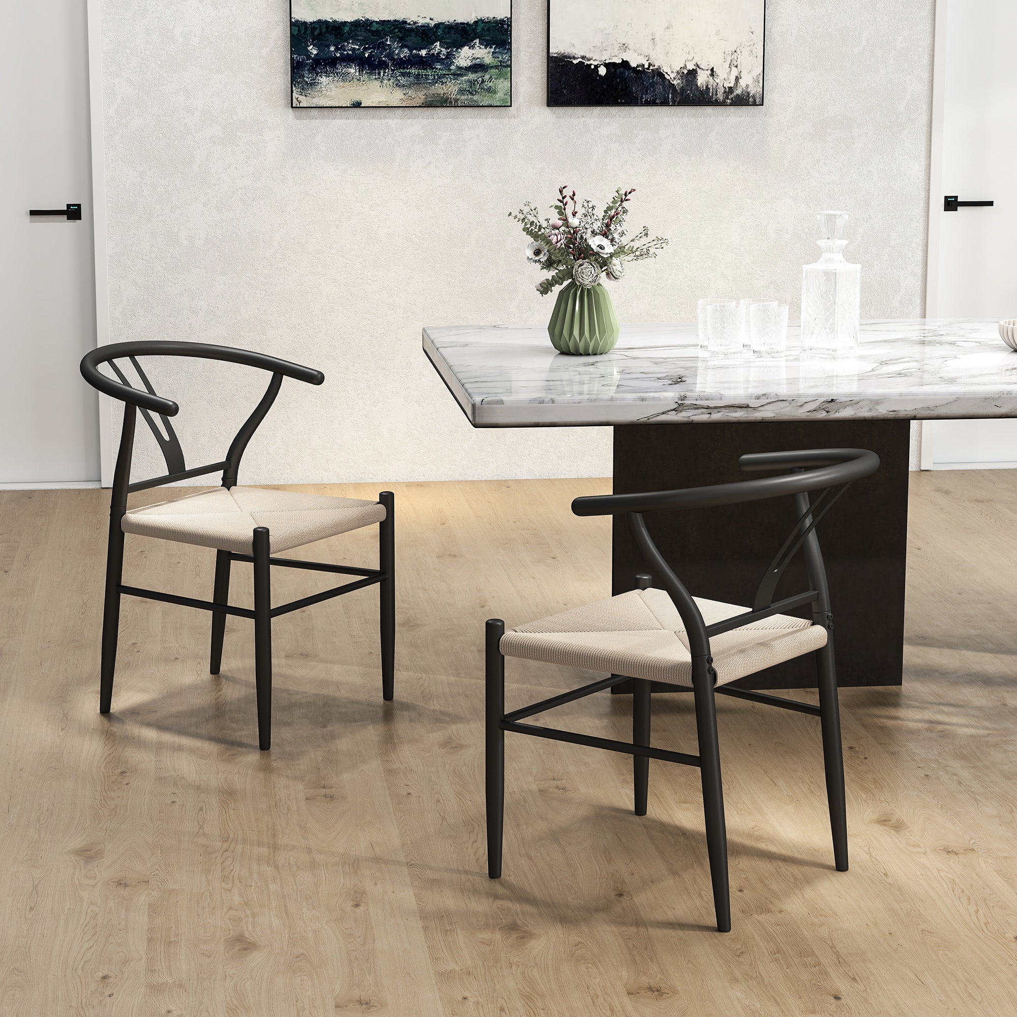 HOMCOM Set of Two Weave Dining Chairs with Y-Shaped Backrest Hemp Seat - Black/Beige