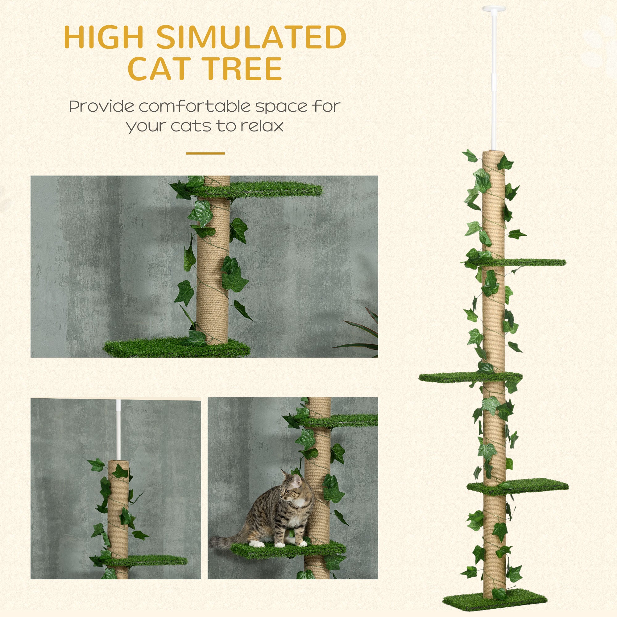 PawHut 242cm Adjustable Floor-To-Ceiling Cat Tree, with Artificial Decoration, Perches, Anti-Slip Kit - Green - North Peak Garden Furniture