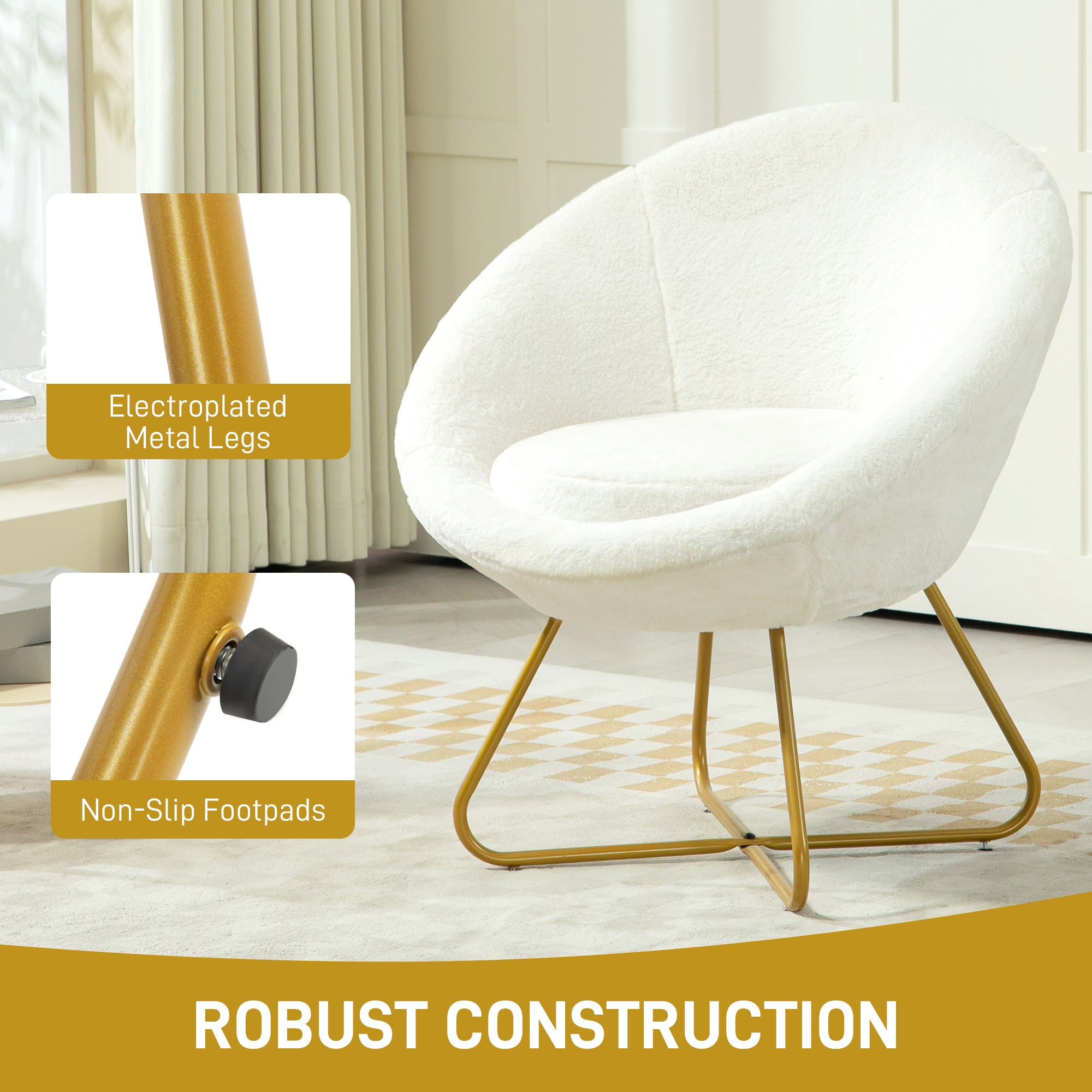HOMCOM Faux Fur Accent Chair with Golden Metal Legs, Upholstered Comfy Chair with Non-Slip Footpads, Seat Cushion for Bedroom, Living Room and Office, White - North Peak Garden Furniture