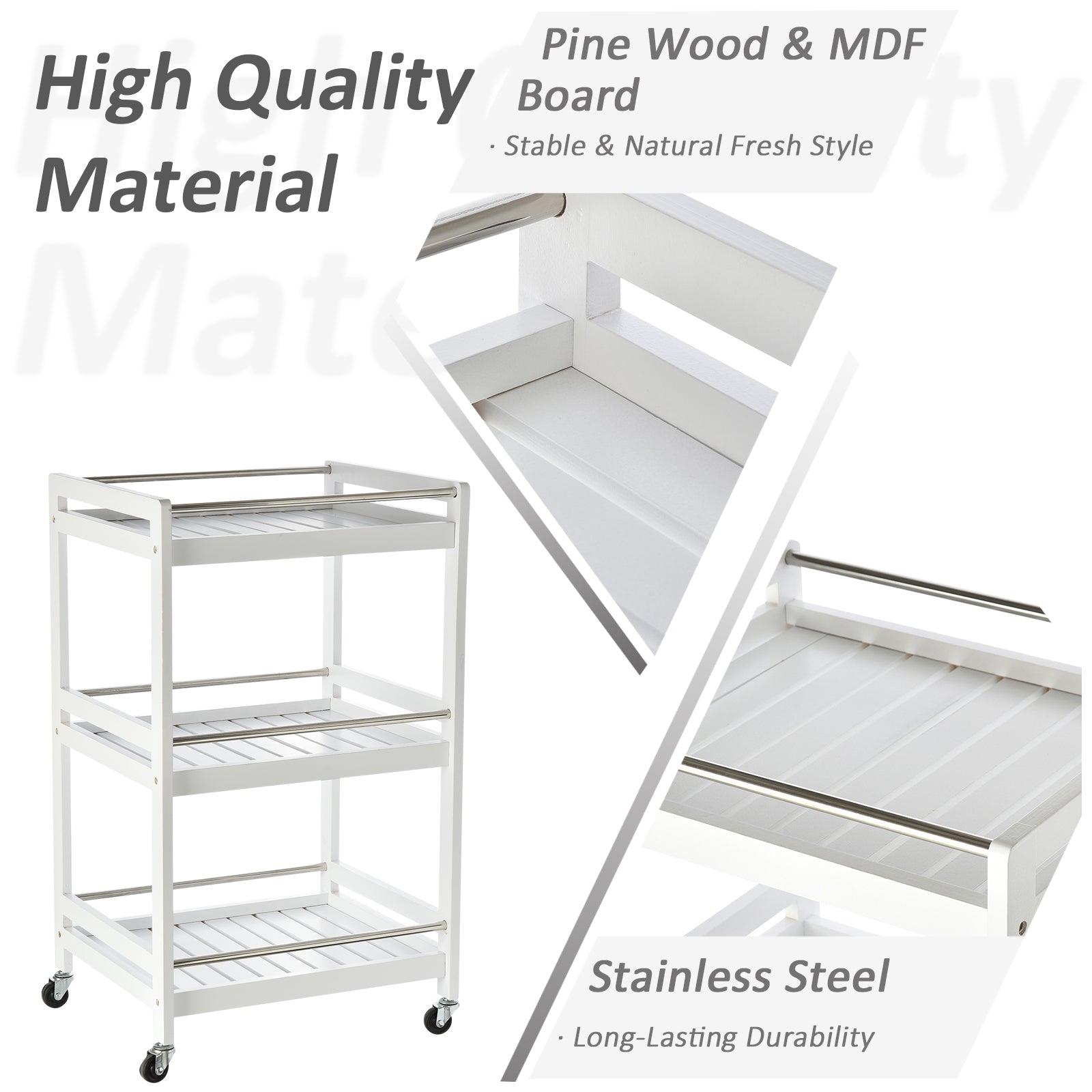 HOMCOM 3-Tier Home Trolley Kitchen Storage Cart w/ Steel Bars 4 Universal Wheels Rolling Unit Organiser Living Room White - North Peak Garden Furniture