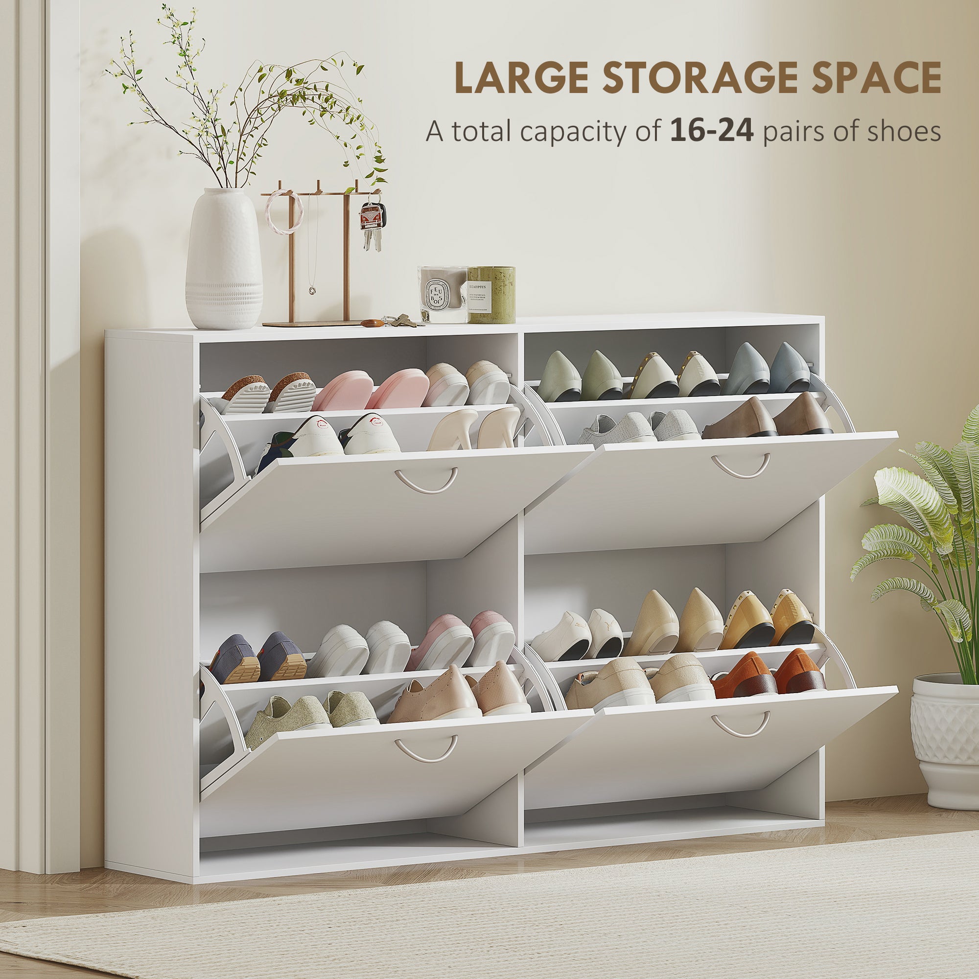 HOMCOM Wooden Modern Design 4 Drawer Shoes Cabinet Pull Down Shelf Storage Organiser - White