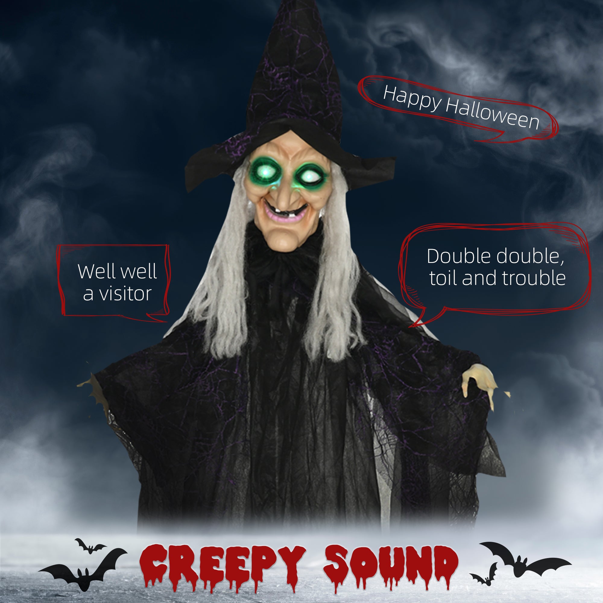HOMCOM 6ft Outdoor Halloween Decoration Witch, Standing Witch Prop Life Size with Sound and Motion Activated, Light Up Eyes, Talking Sound, Posable Arms
