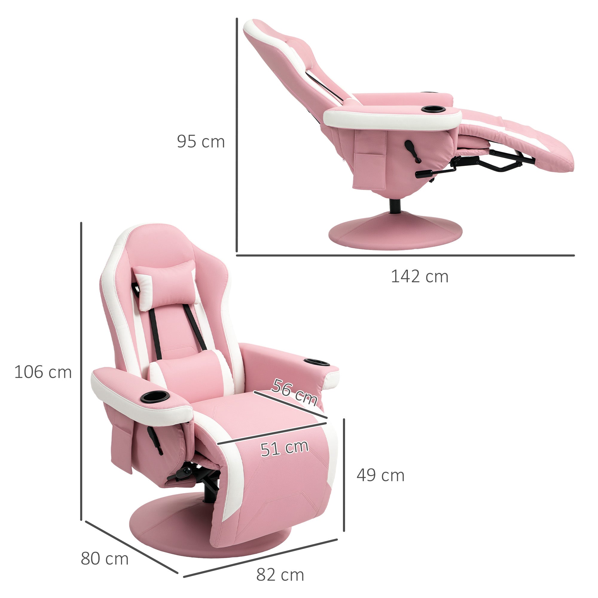 HOMCOM Manual Recliner Armchair PU Leather Lounge Chair w Adjustable Leg Rest, 135° Reclining Function, 360° Swivel, Pink - North Peak Garden Furniture