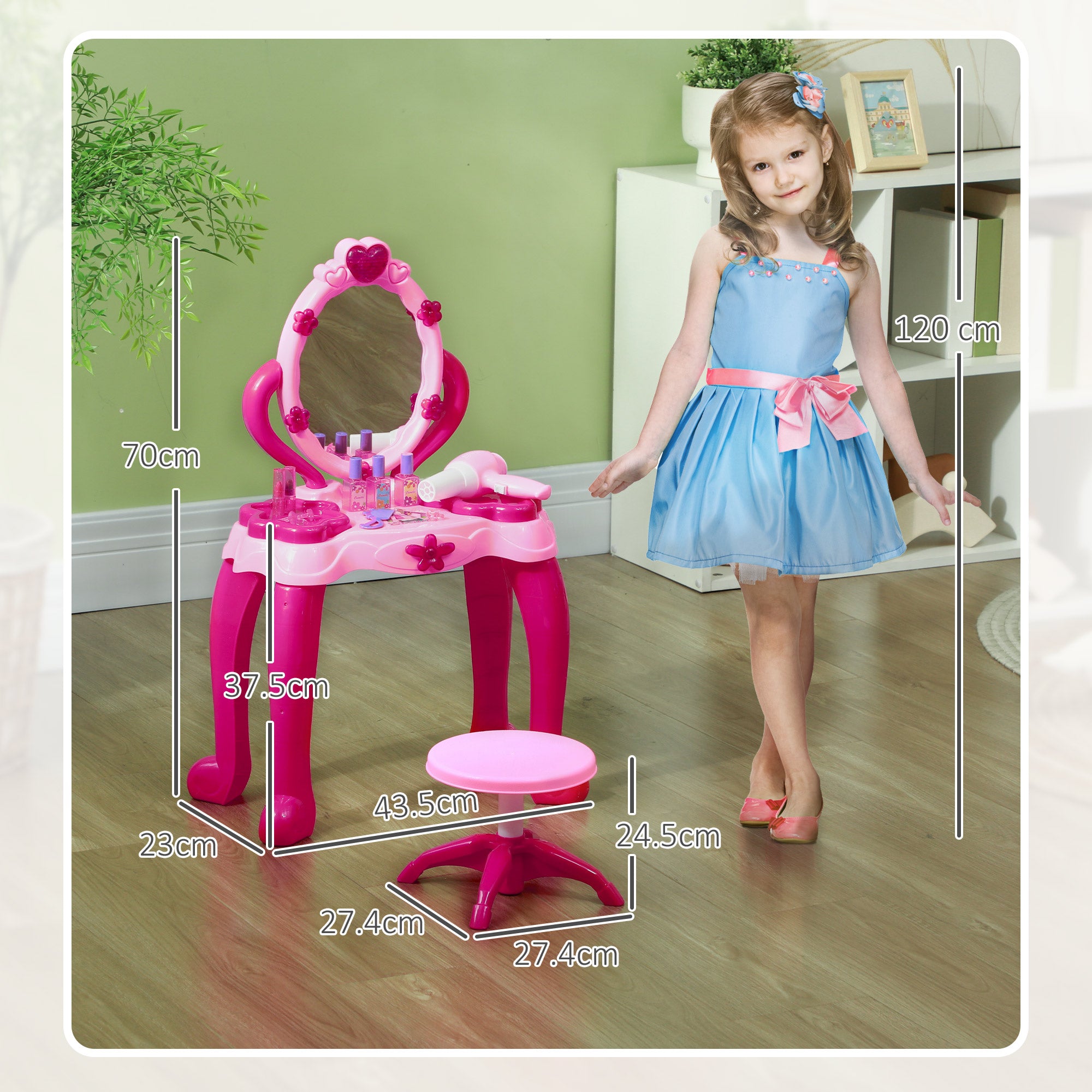 AIYAPLAY Kids Dressing Table with mirror, Stool, Light, Music, 15 Accessories, for Ages 3-6 Years, Pink