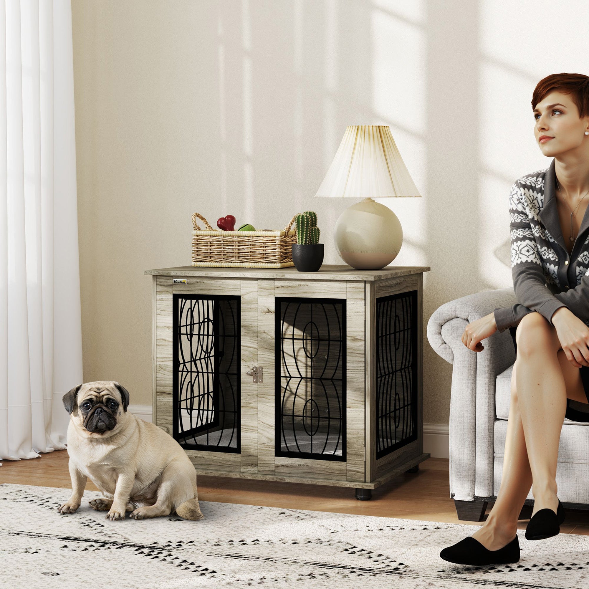 PawHut Indoor Dog Crate Furniture End Table with Soft Washable Cushion, Lockable Front Door, for Medium Dogs - Black - North Peak Garden Furniture