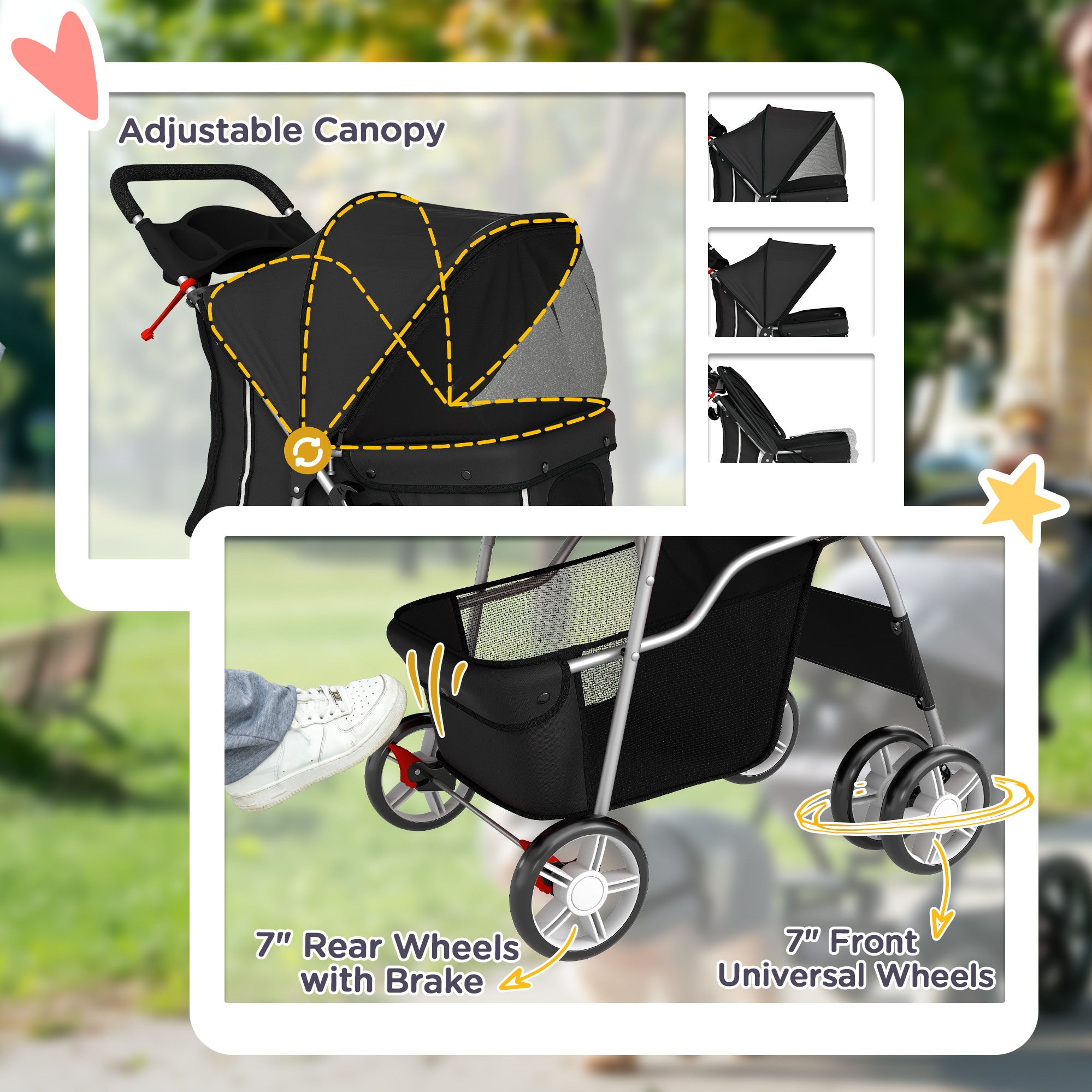 PawHut Dog Pram, Pet Stroller with Reflective Strips, Foldable Cat Stroller with 360° Swivel Wheels, Black