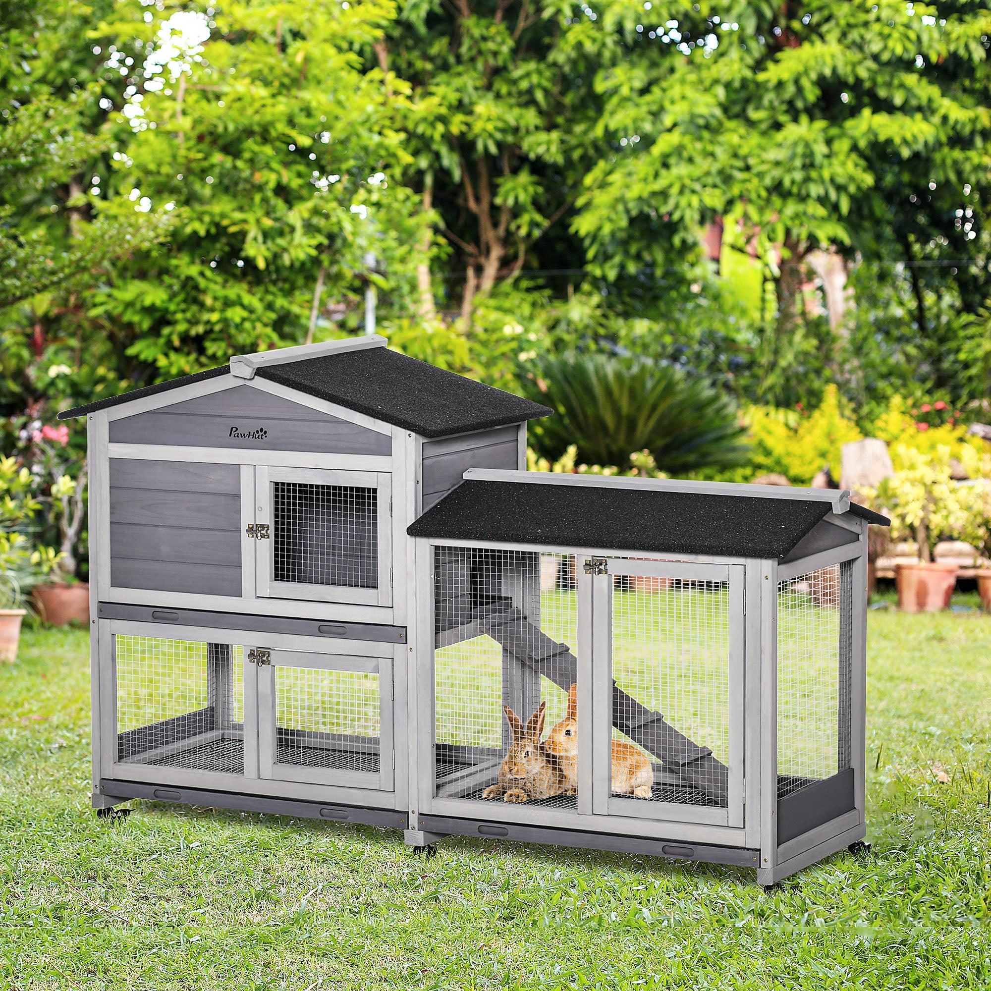 PawHut Wooden Rabbit Hutch, Guinea Pig Cage, with Wheels, Run, Slide-Out Tray, Ramp - North Peak Garden Furniture