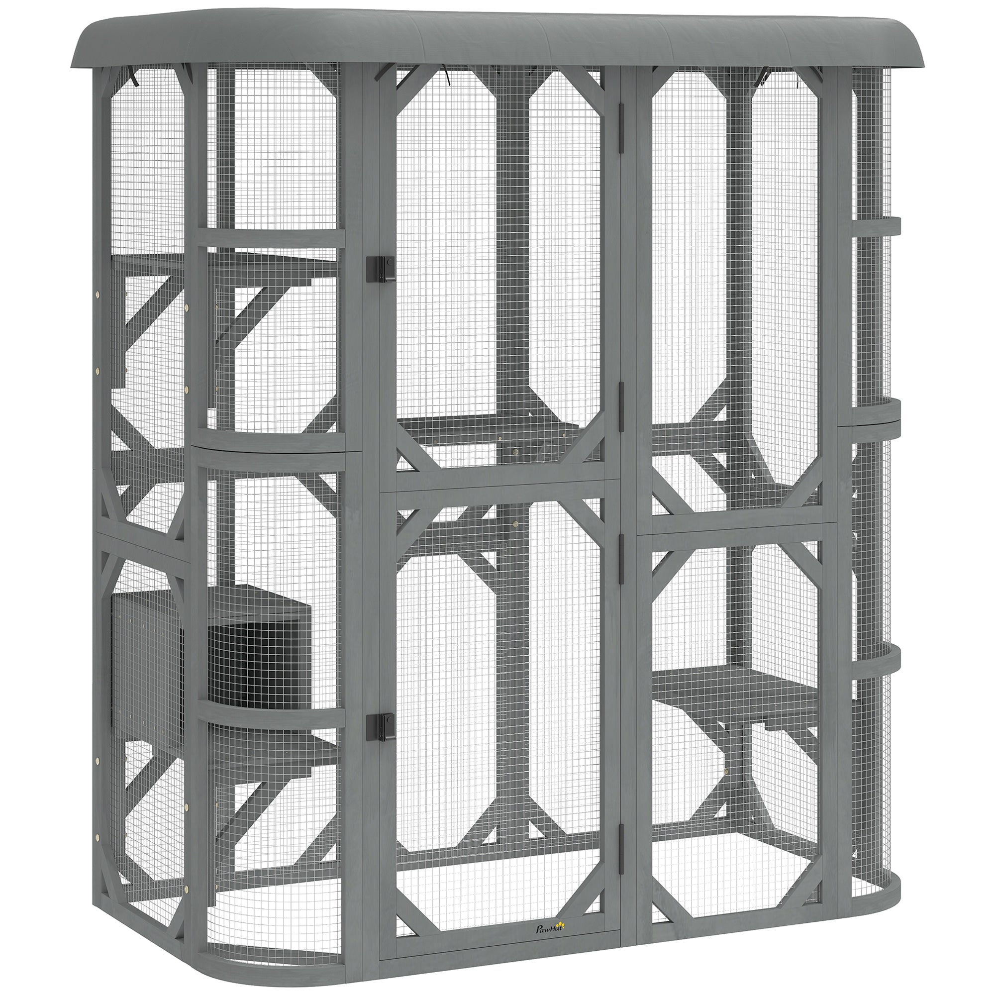 PawHut Catio Outdoor Cat Enclosure,  Wooden Cat House with Platforms, Condo and Waterproof Cover for 2–3 Kittens, Grey