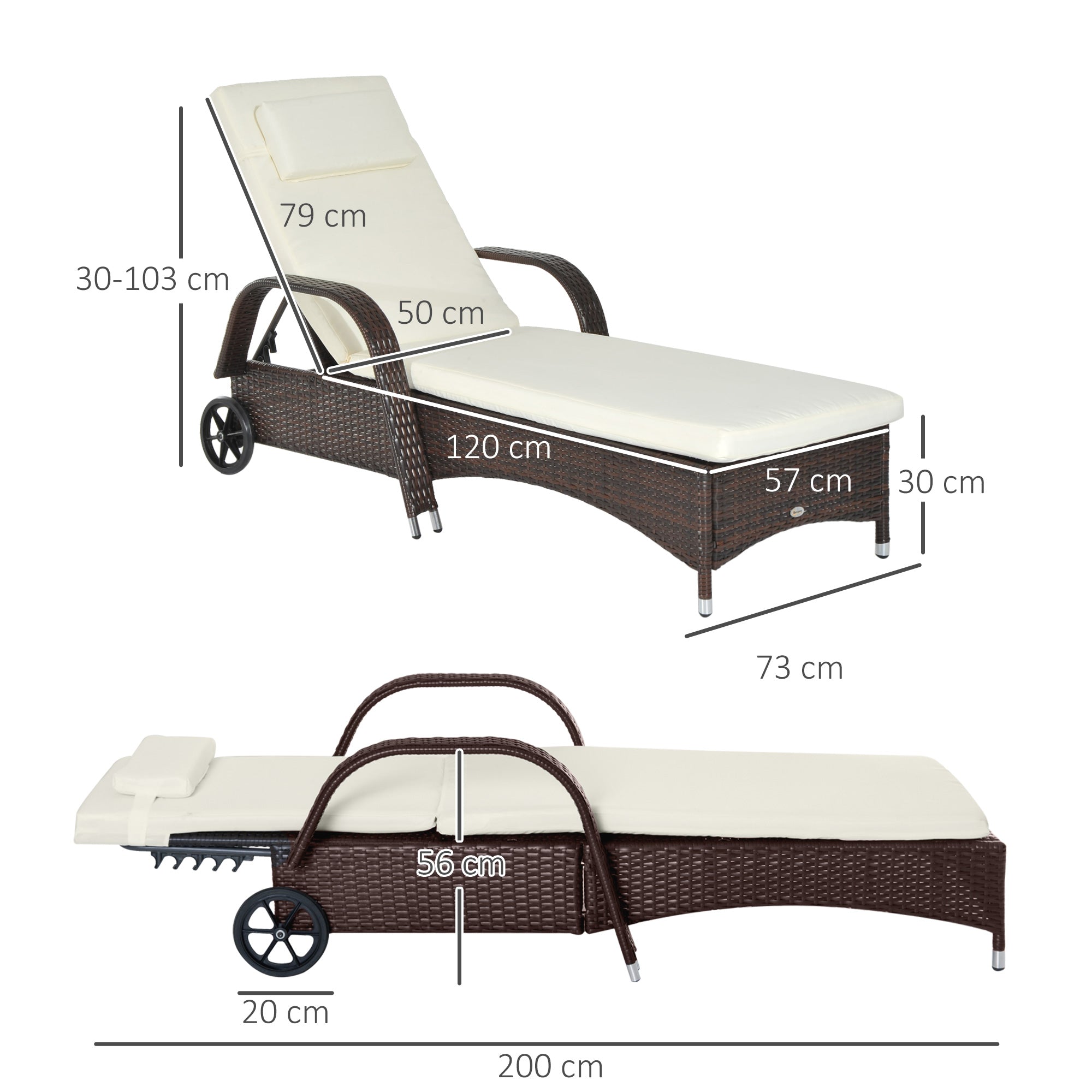 Adjustable Rattan Sun Lounger Garden Recliner Bed Reclining Chair w/ Removable Headrest & Thickened Cushion, Brown