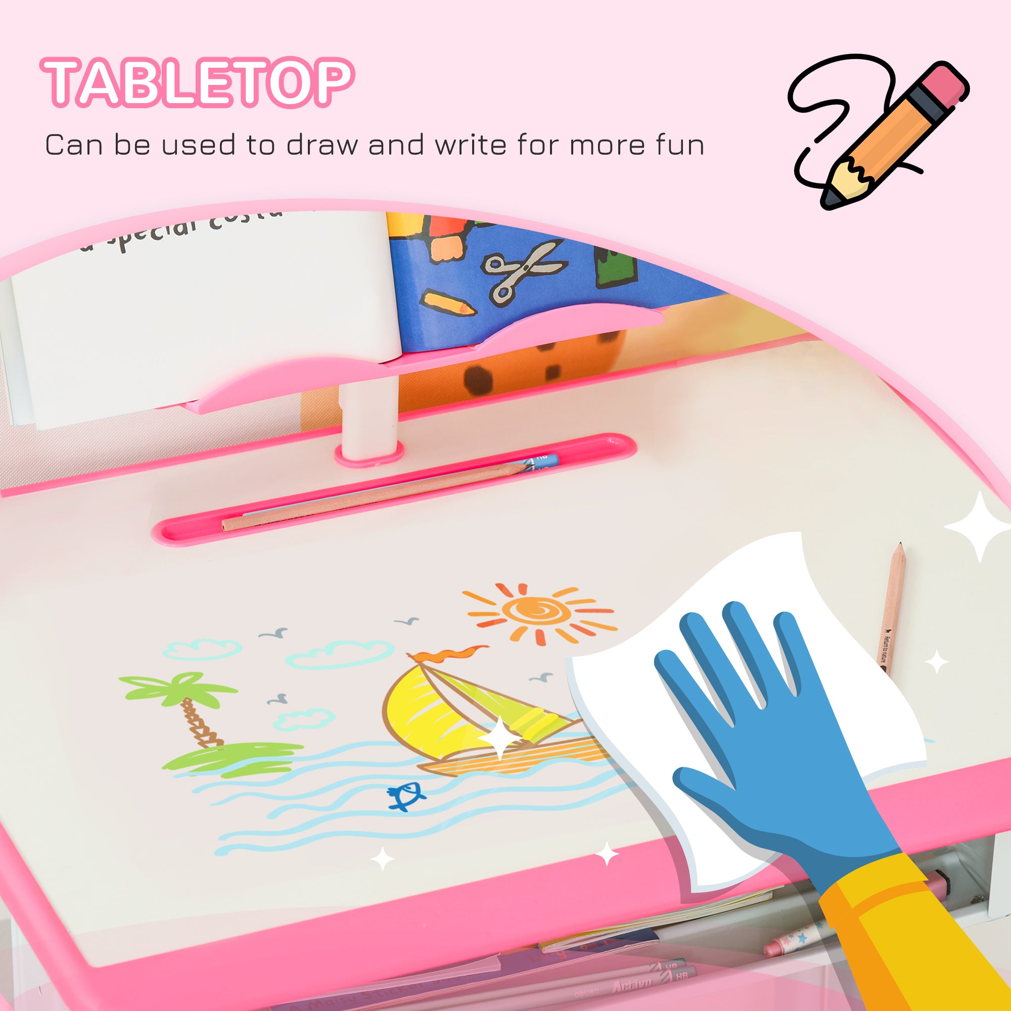 HOMCOM Kids Adjustable Desk and Chair Set, Book Stand, Pen Slot - Pink - North Peak Garden Furniture