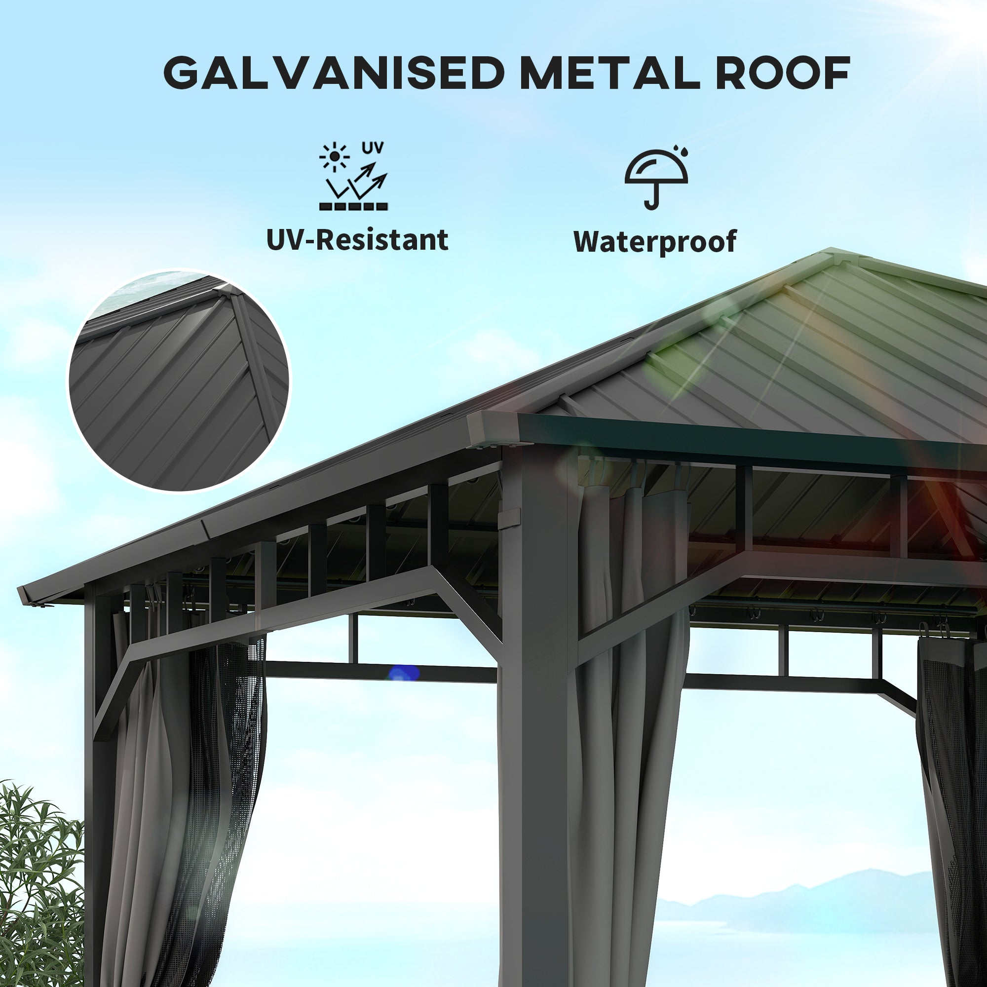 Outsunny 3 x 3(m) Hardtop Gazebo with Galvanised Steel Roof, Waterproof Permanent Pavilion Garden Gazebo with Netting and Curtains for Patio, Deck