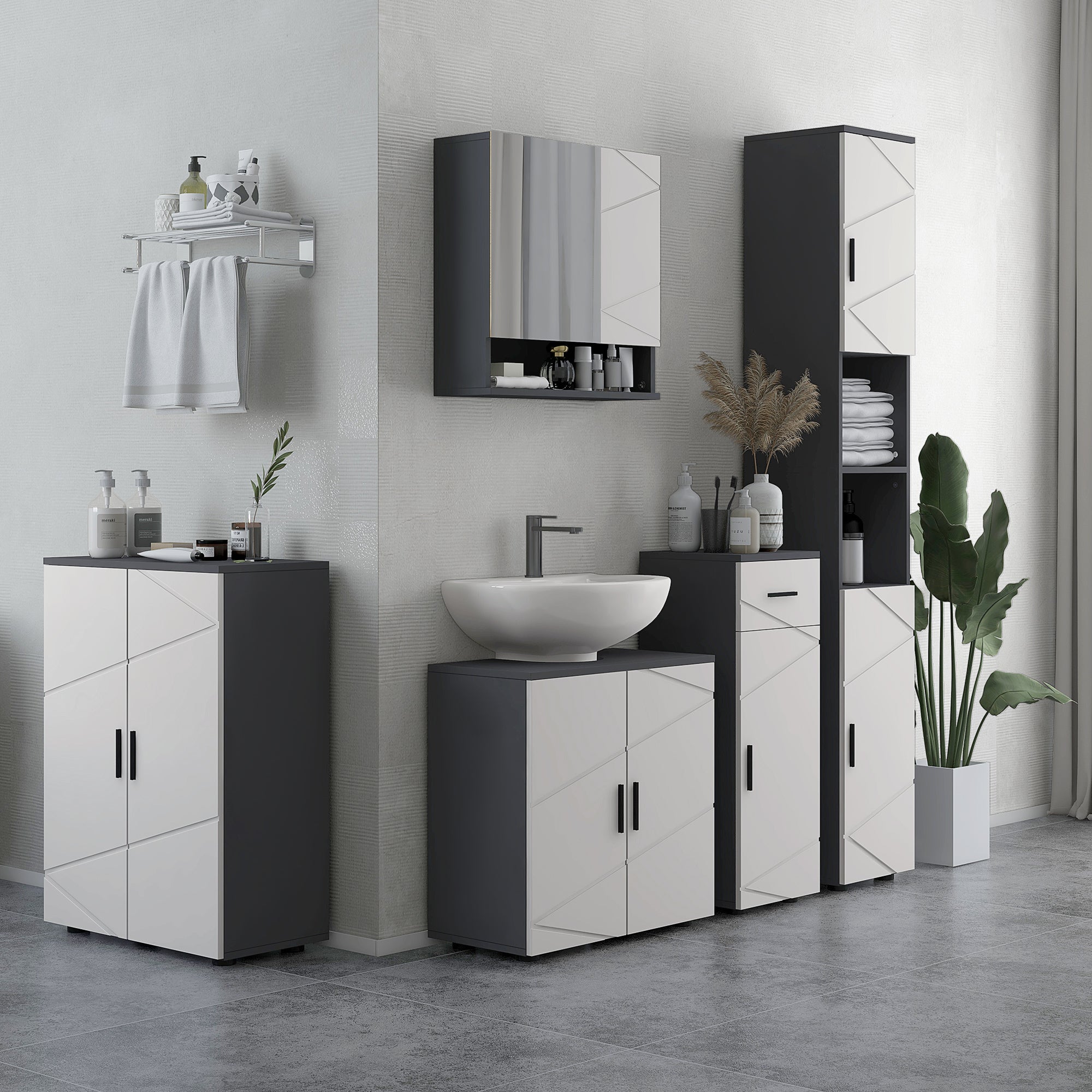 kleankin 5-Piece Bathroom Furniture Set, Bathroom Storage Cabinet with Doors and Shelves, Tall and Small Floor Cabinets, Wall-mounted Mirror Cabinet, Pedestal Sink Cabinet, Grey