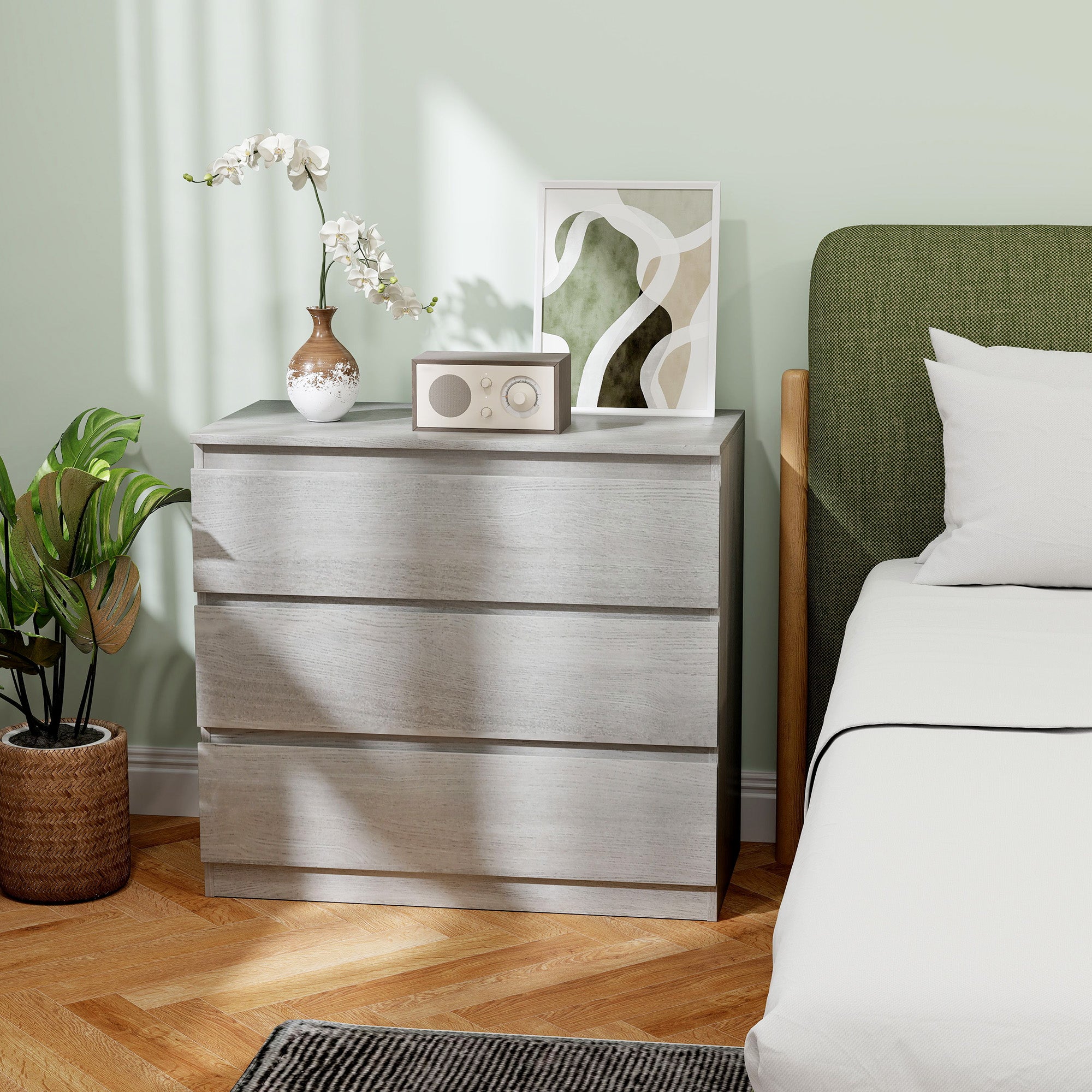 HOMCOM Chest of Three Drawers - Grey Wood Effect - North Peak Garden Furniture