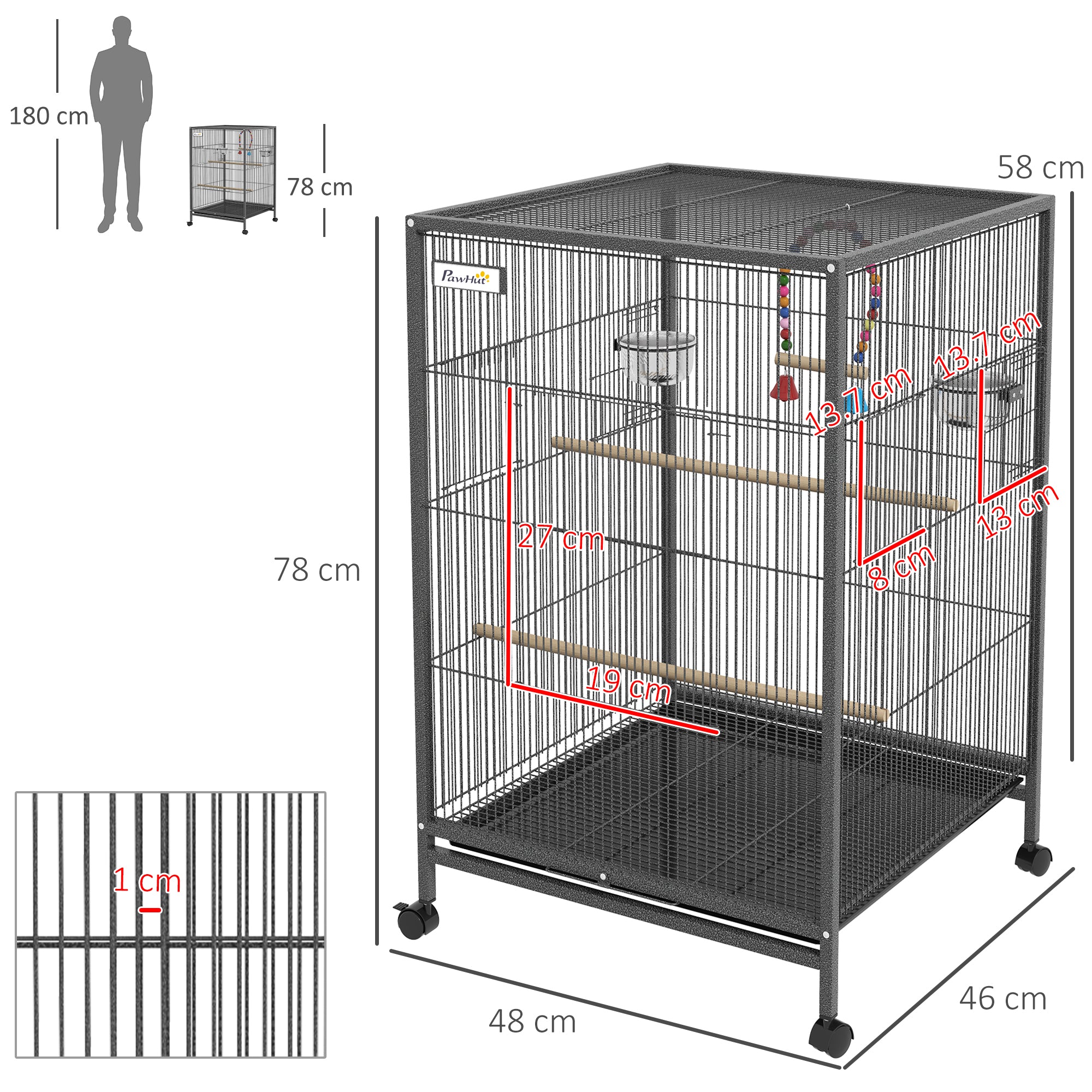 PawHut Bird Cage, Budgie Cage, with Rolling Stand, for Small Birds - Grey