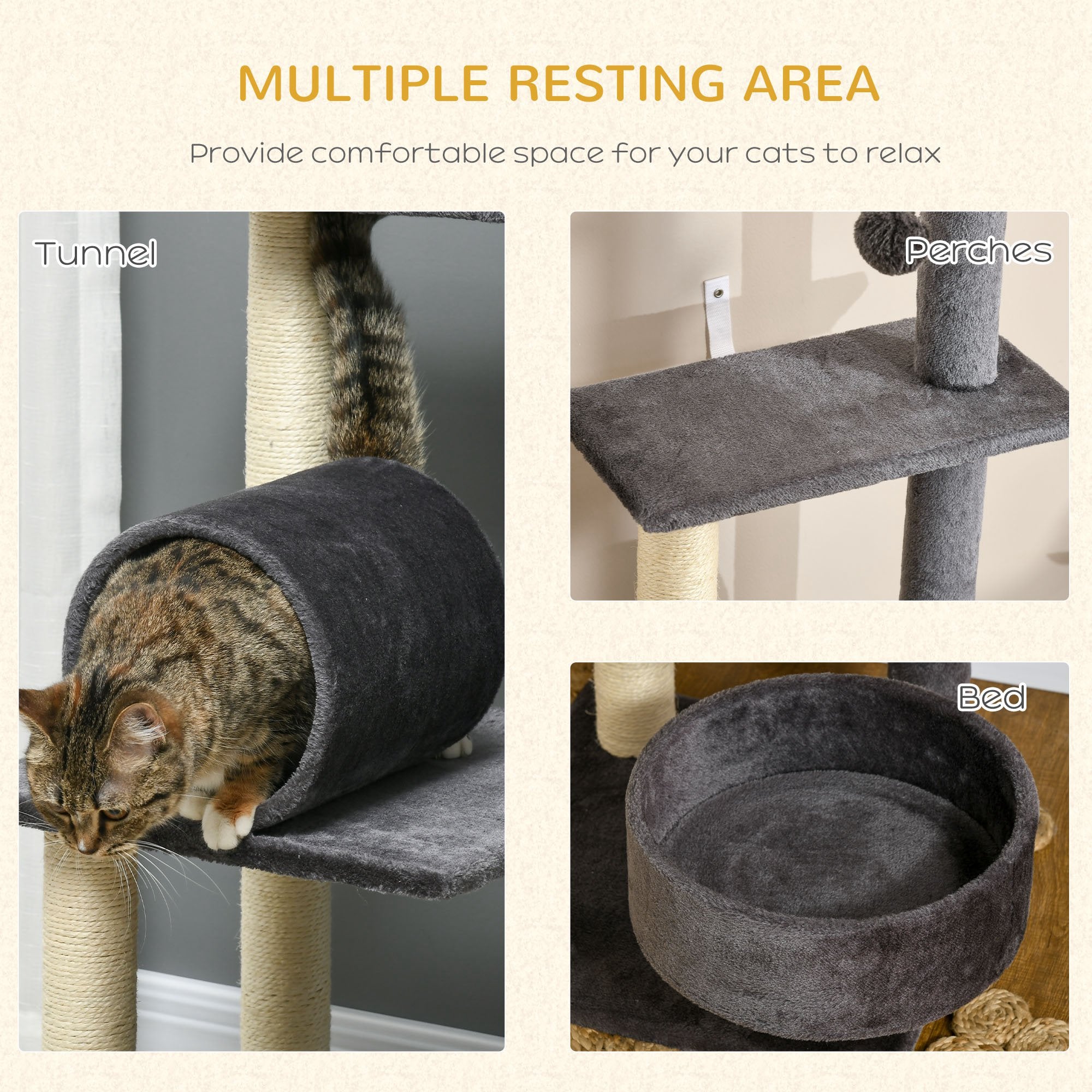 PawHut 121cm Cat Tree Tower for Indoor Cats Kitten Activity Centre Scratching Post with Bed Tunnel Perch Interactive Ball Toy Grey - North Peak Garden Furniture