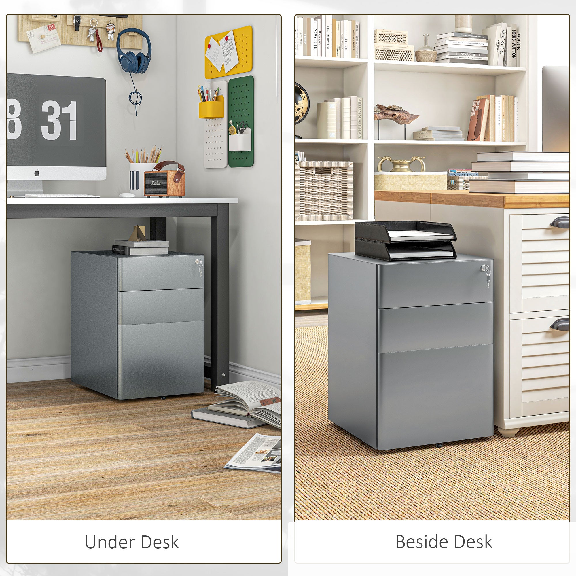 Vinsetto Lockable Cabinet, Rolling Filing Cabinet with 3 Drawers, Steel Office Drawer Unit for A4, Letter, Legal Sized Files - North Peak Garden Furniture