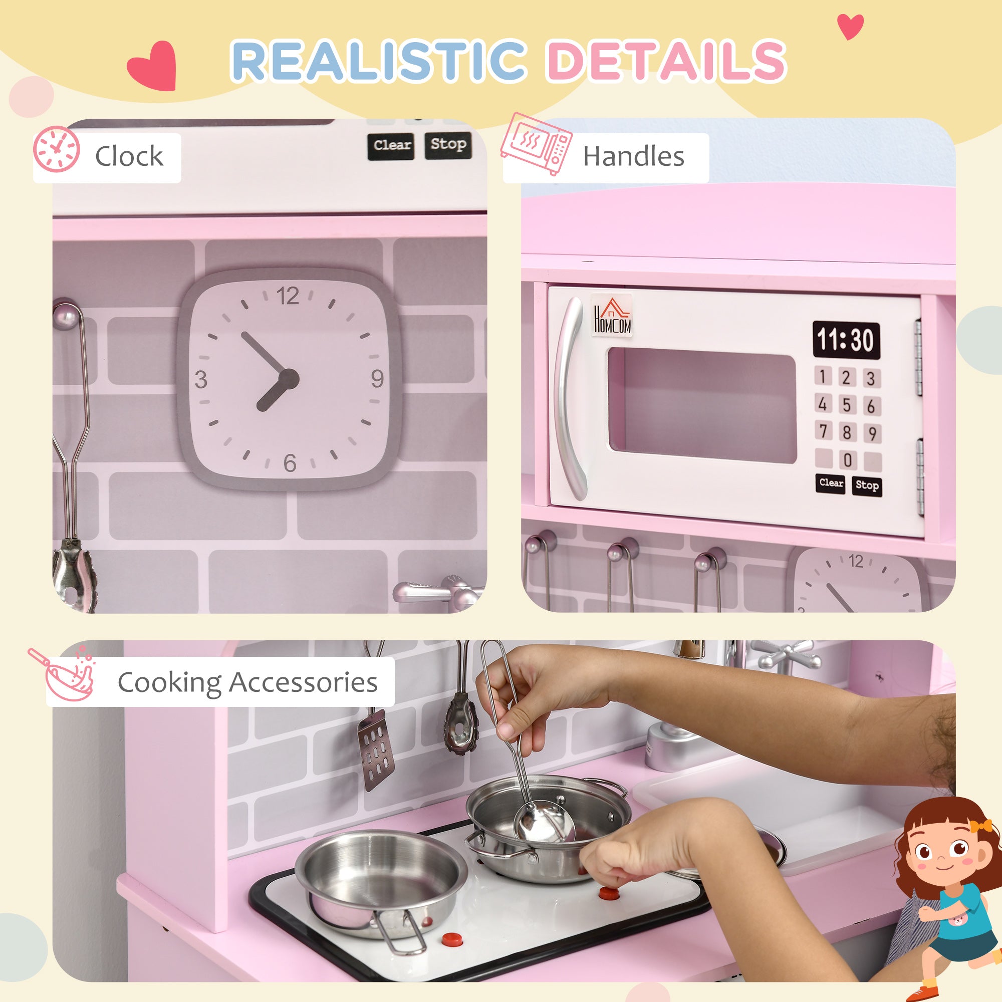 HOMCOM Kids Kitchen Playset, with Lights, Sounds, Microwave, Sink and Storage - Pink - North Peak Garden Furniture