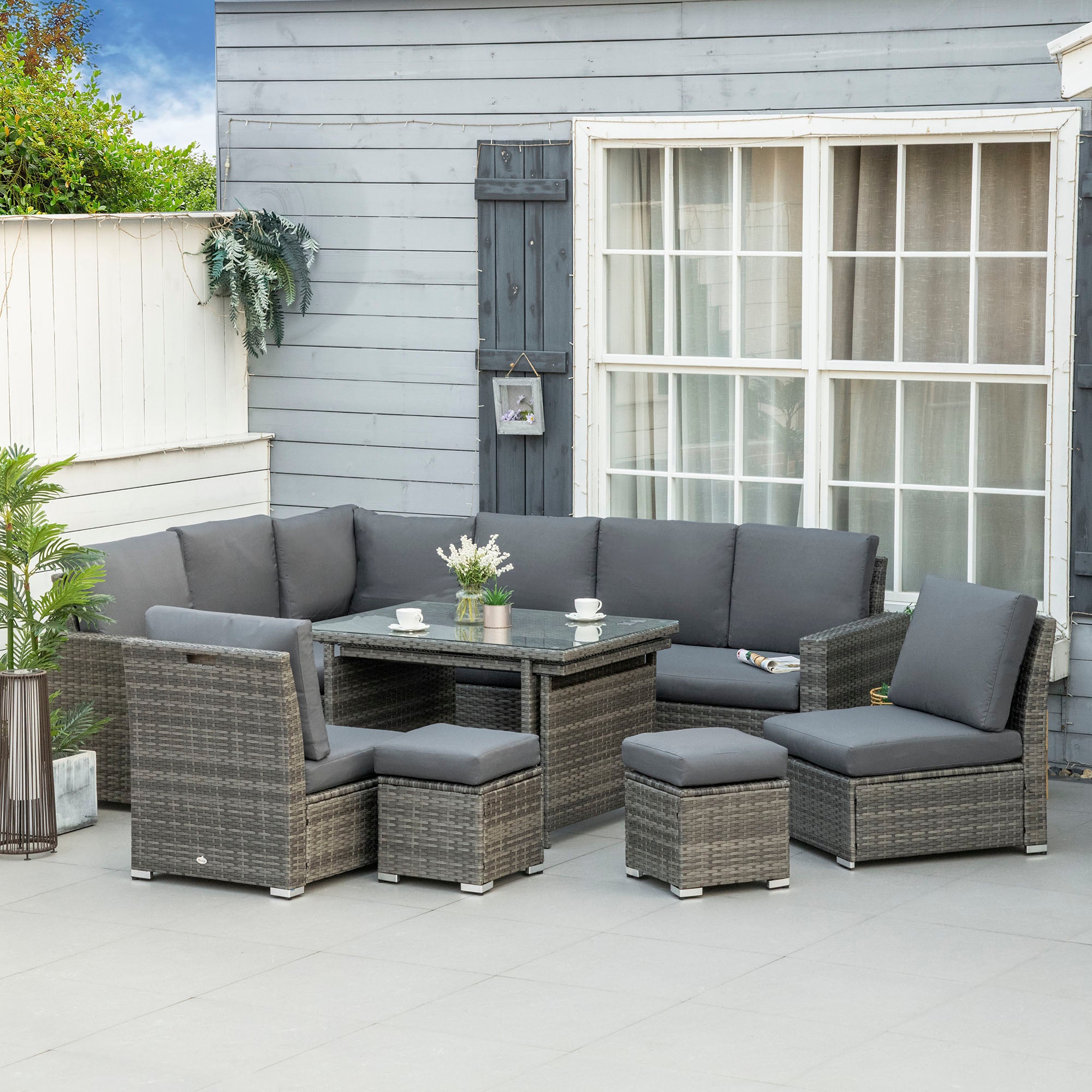 Outsunny Seven-Piece Rattan Garden Sofa Set, with Expanding Table - Grey - North Peak Garden Furniture